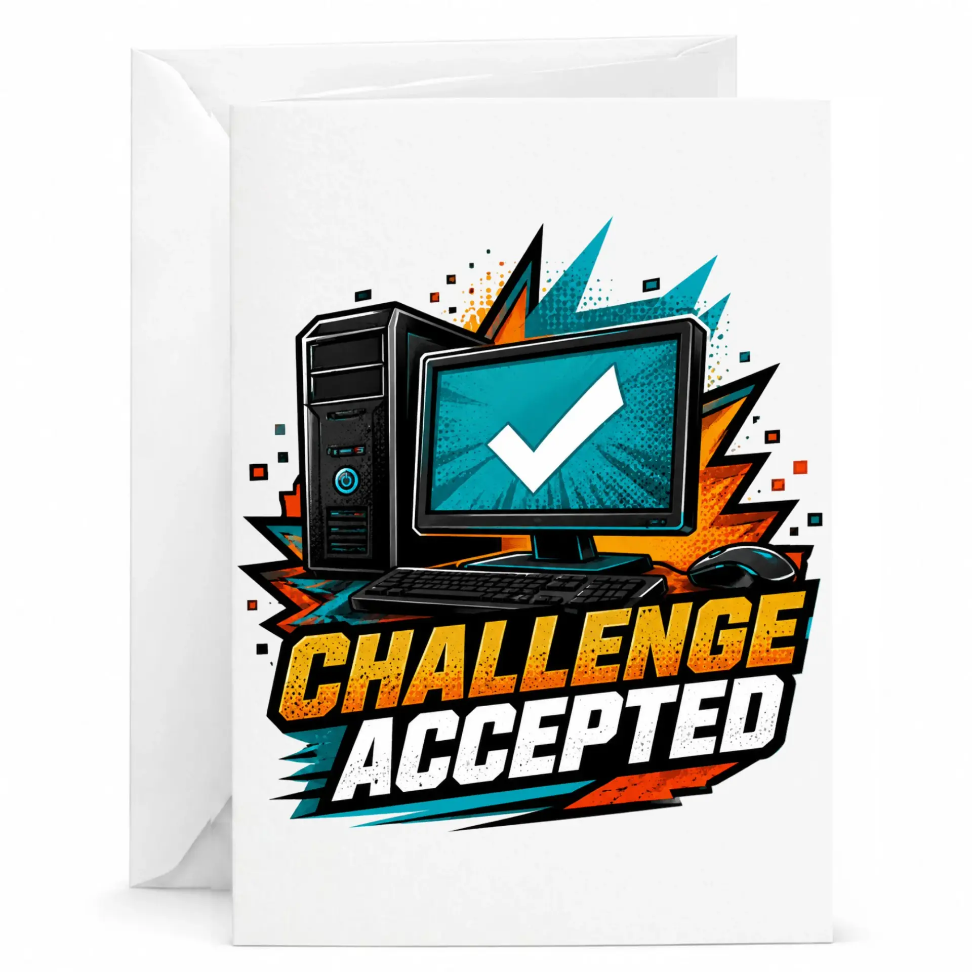 Funny Challenge Accepted Gaming Computer Greeting Card for Gamers and Pc Enthusiasts with Blank Interior and Envelope