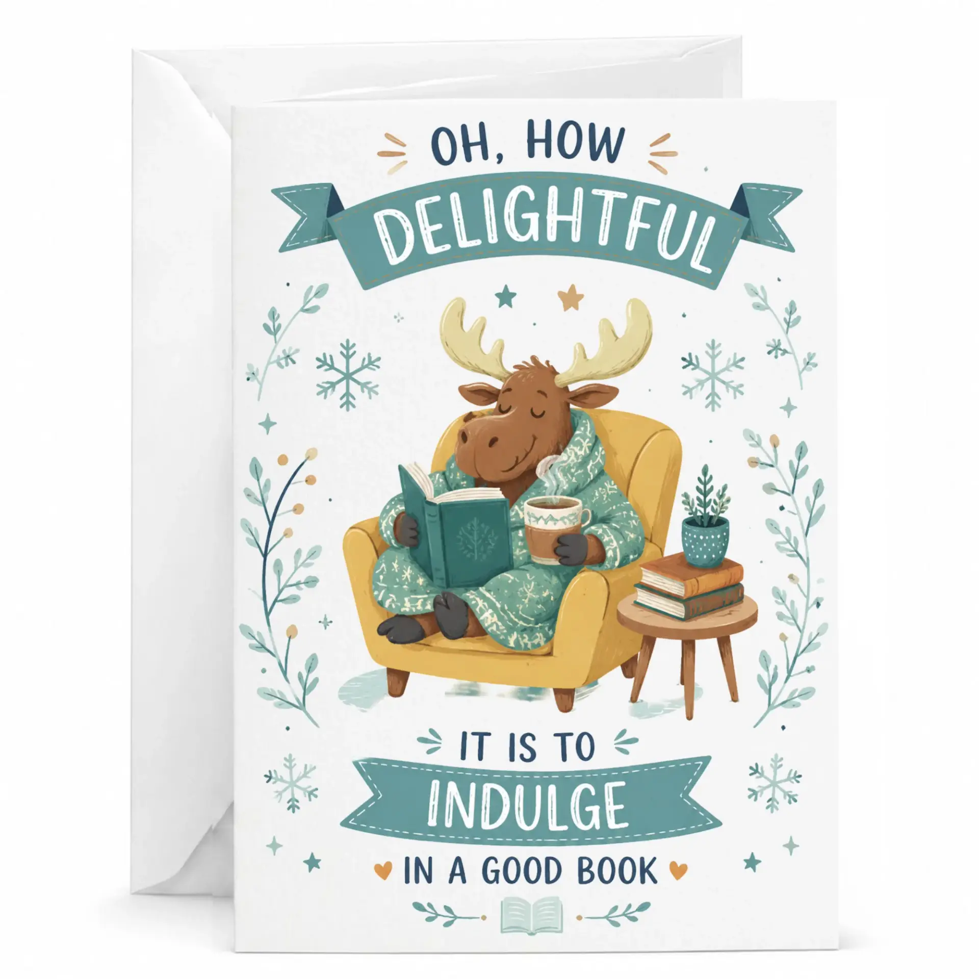 Funny Greeting Card Featuring a Cozy Moose Reading a Book in an Armchair for Book Lovers and Readers Everywhere