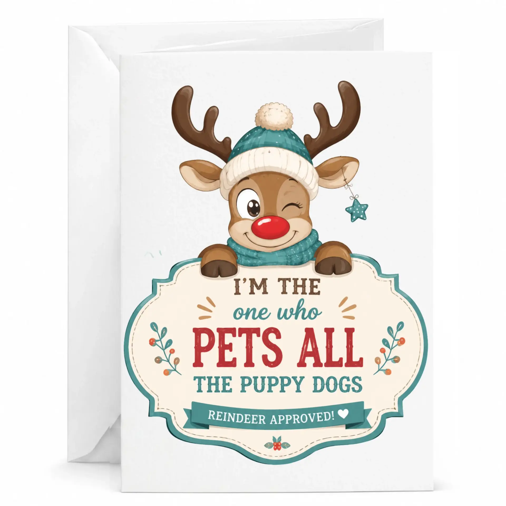 Funny Reindeer Greeting Card for Animal Lovers, Cute Holiday Stationery with Puppy Dog Theme, 5x7 Inches