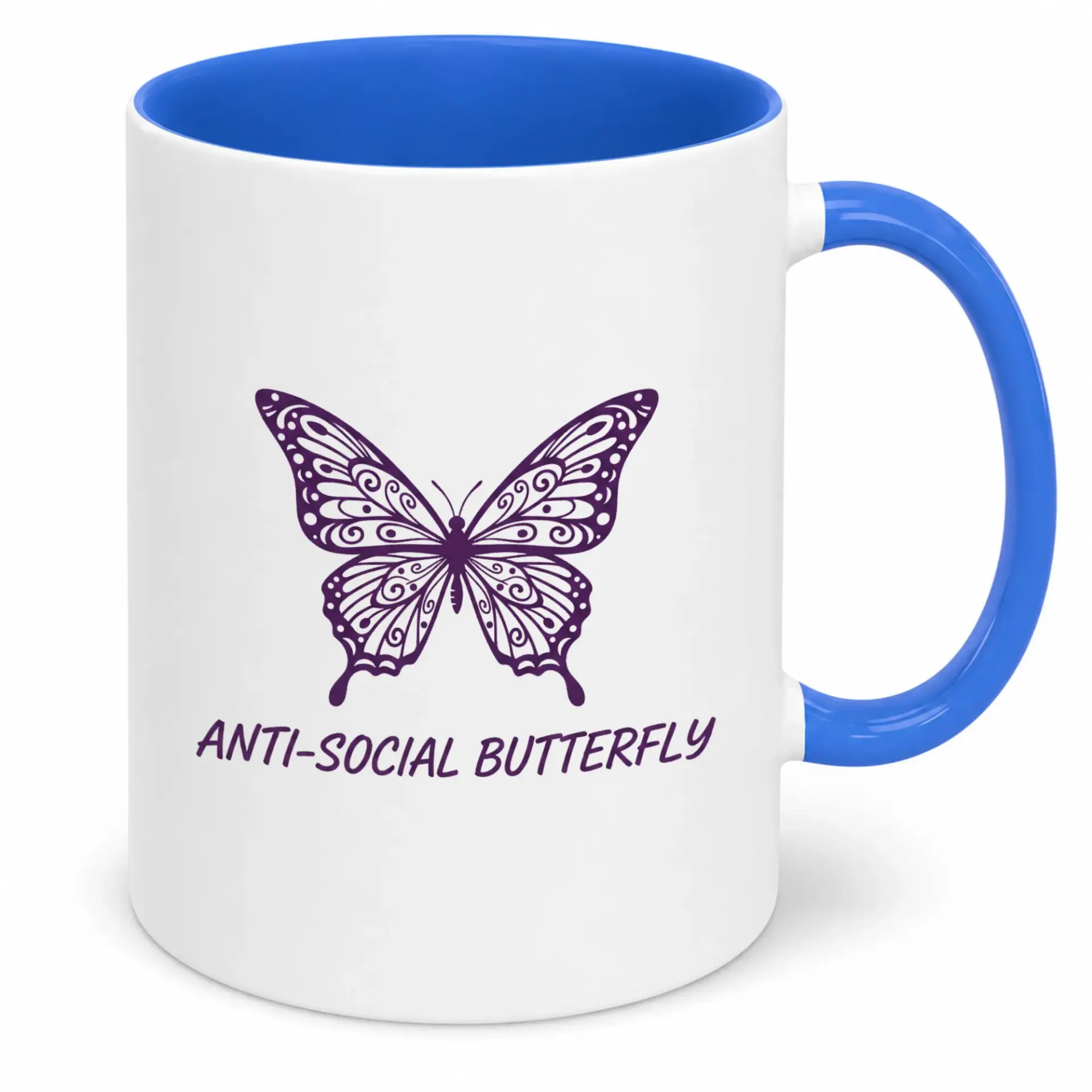 Funny Anti-Social Butterfly Coffee Mug, Unique Ceramic Drinkware with Blue Handle, Thoughtful Gift for Introverts, Tea & Hot Cocoa Lover