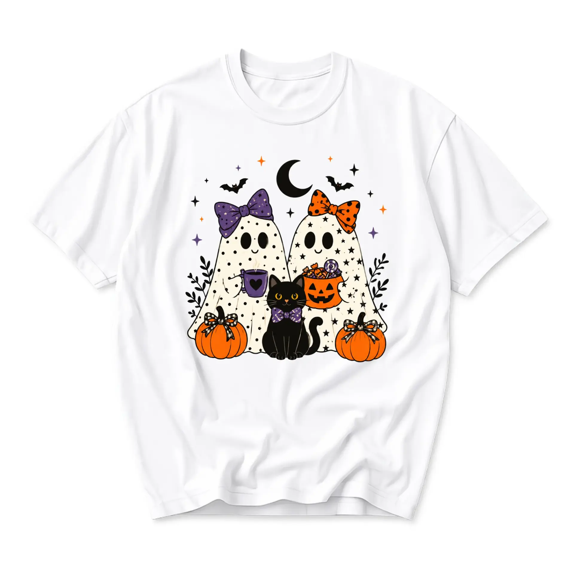 Graphic Tee Cute Halloween Ghost Pair with Black Cat Wearing Bows Pumpkin Art Unisex Short Sleeve Crew Neck T-Shirt