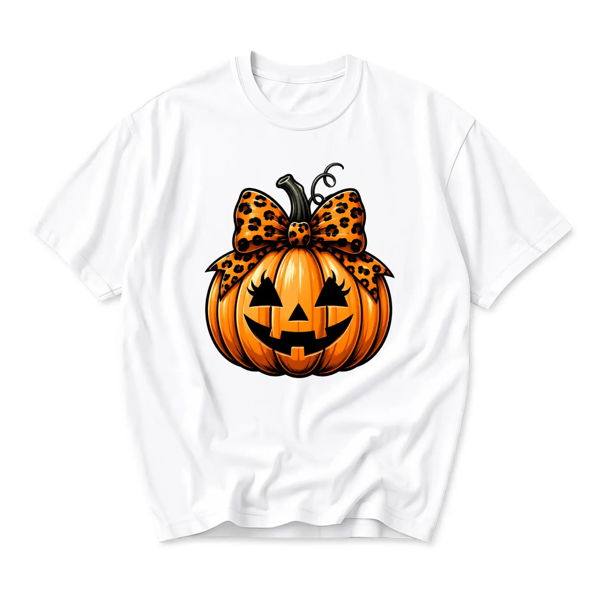 Graphic Tee Pumpkin with Leopard Print Bow Fall Autumn Season Unisex Crew Neck Casual Everyday Short Sleeve Shirt