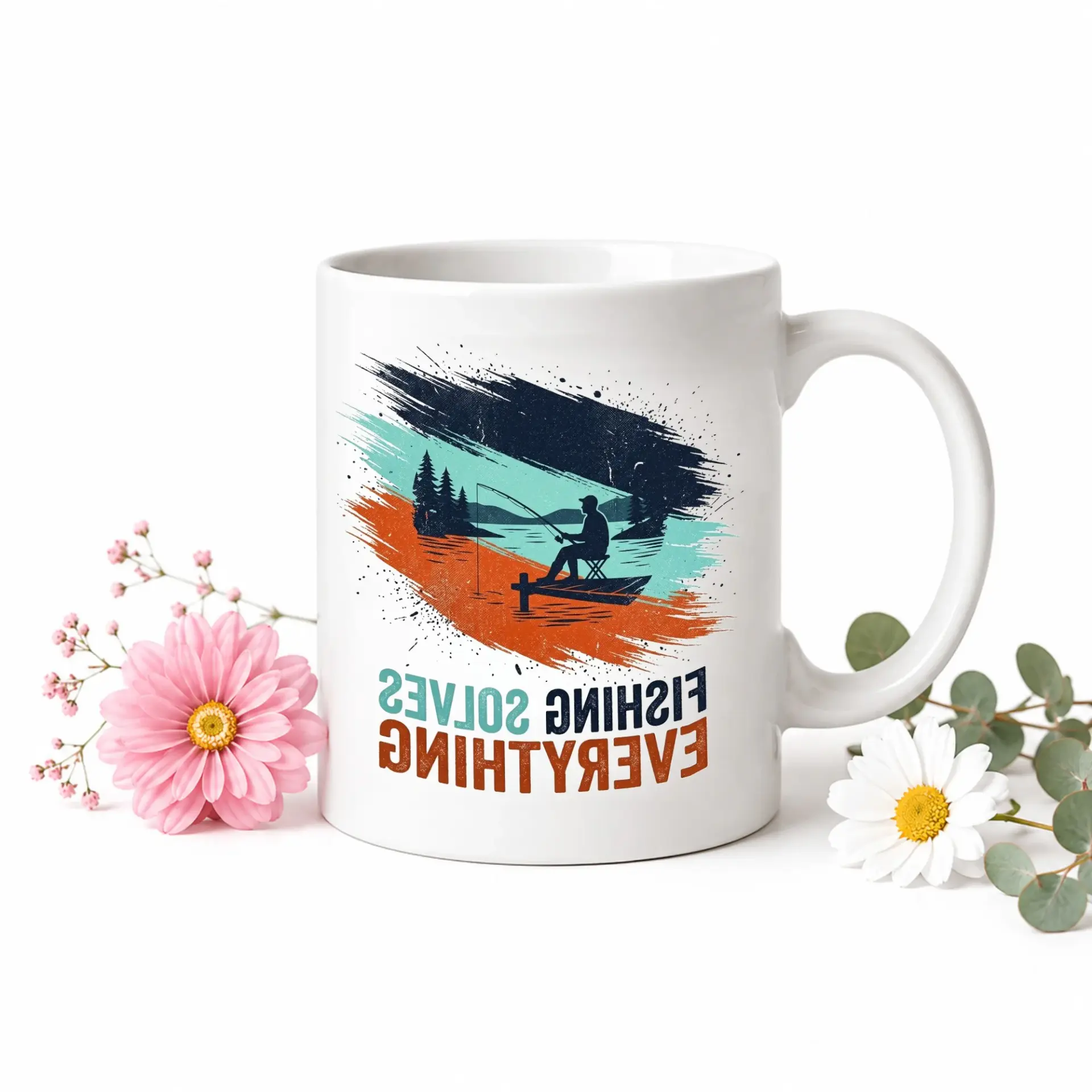 Funny Fishing Solves Everything Ceramic Coffee Mug Blue Two Accent Cup for Hot and Cold Beverages Outdoor Enthusiast