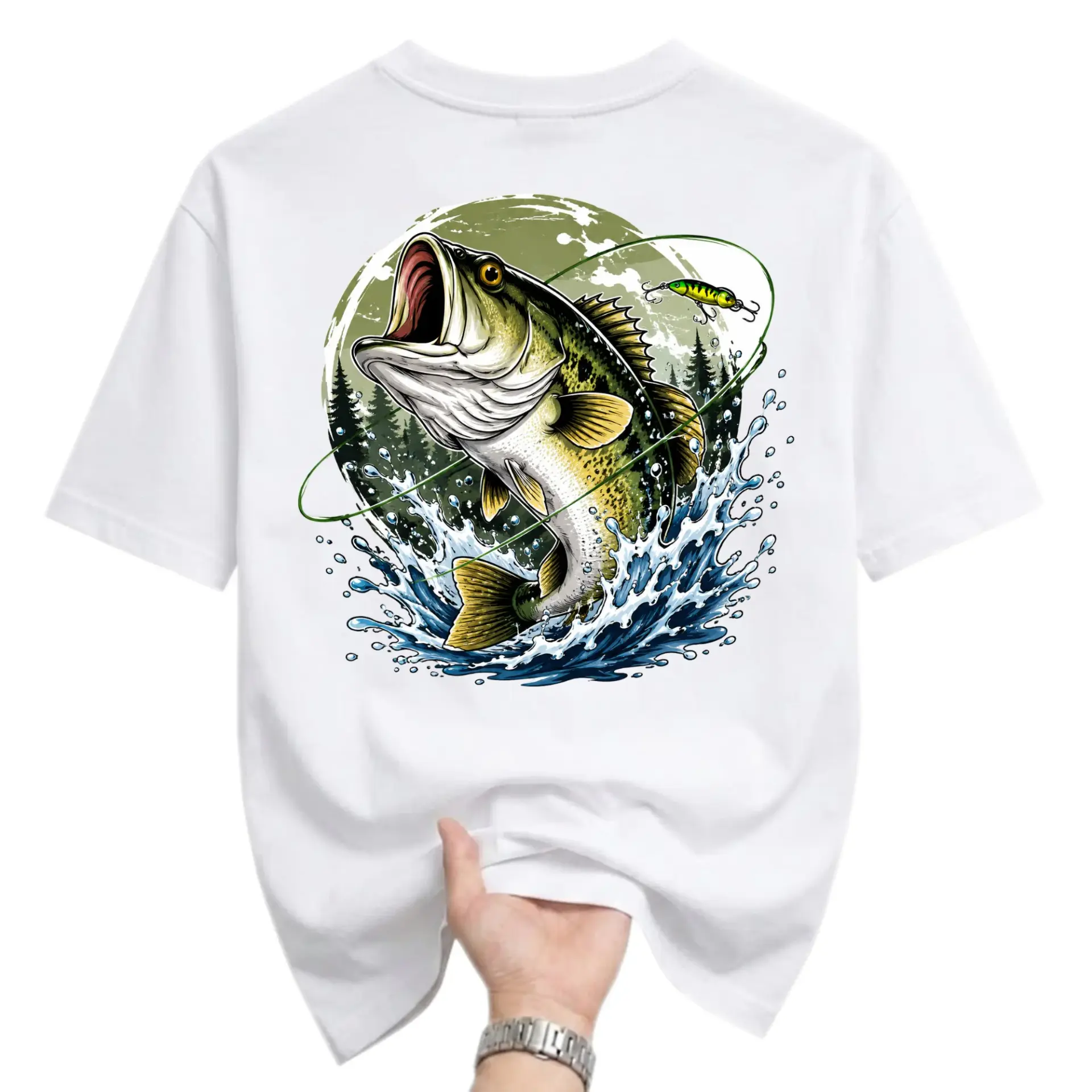Graphic Tee Fishing T-Shirt Featuring a Large Jumping Fish Illustration for Outdoor Enthusiasts and Anglers