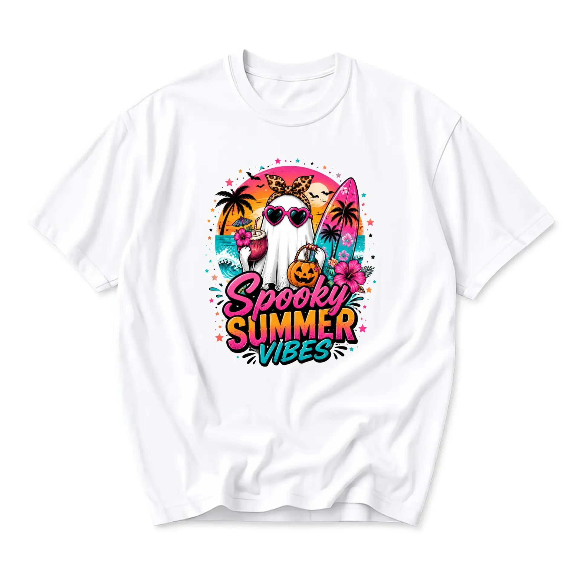 Graphic Tee Spooky Summer Vibes Tropical Ghost Shirt Fun Beach Vacation Apparel for Men and Women Cotton Crew Neck
