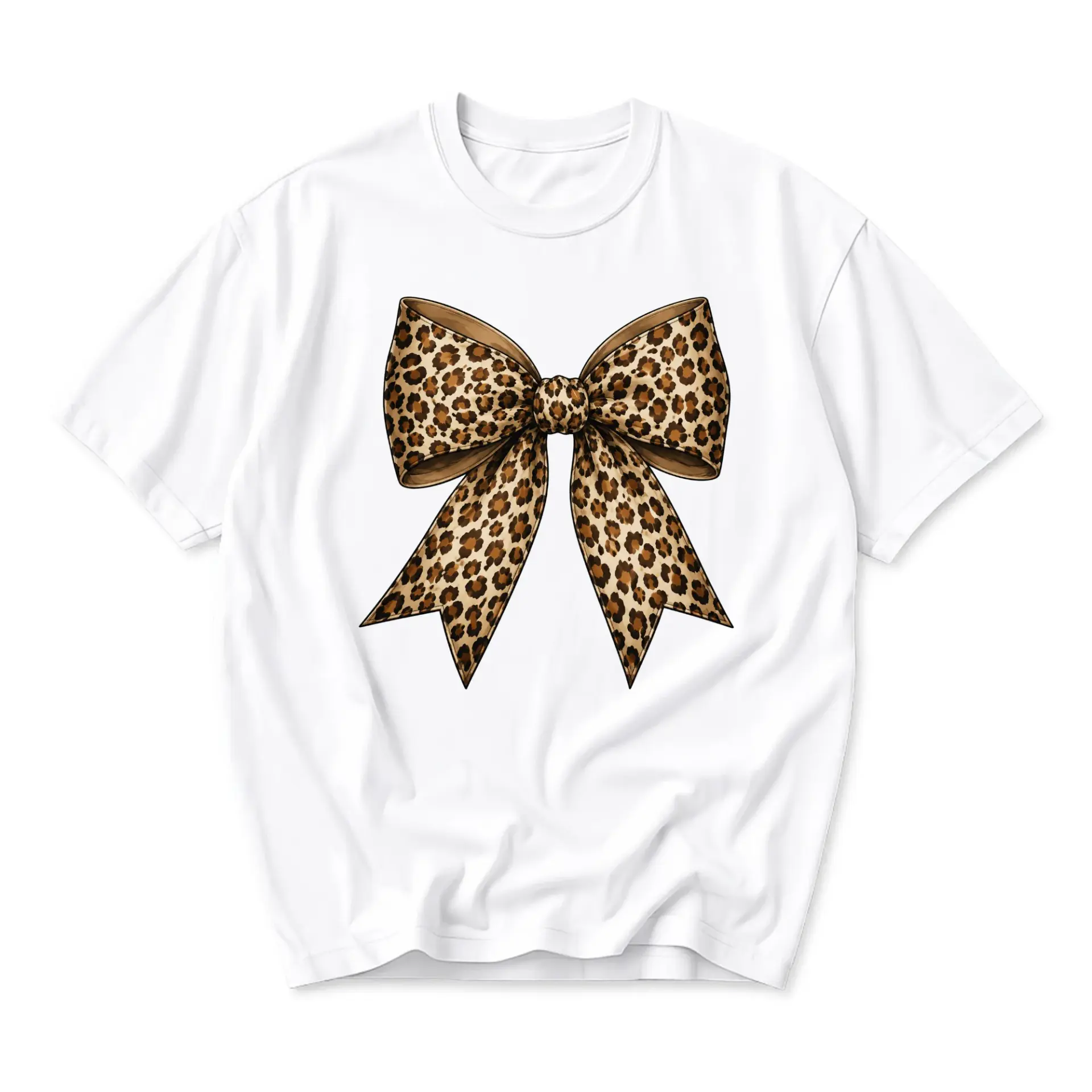 Graphic Tee Unisex Crew Neck T-Shirt with Large Leopard Print Bow Design Casual Summer Short Sleeve Fashion Top