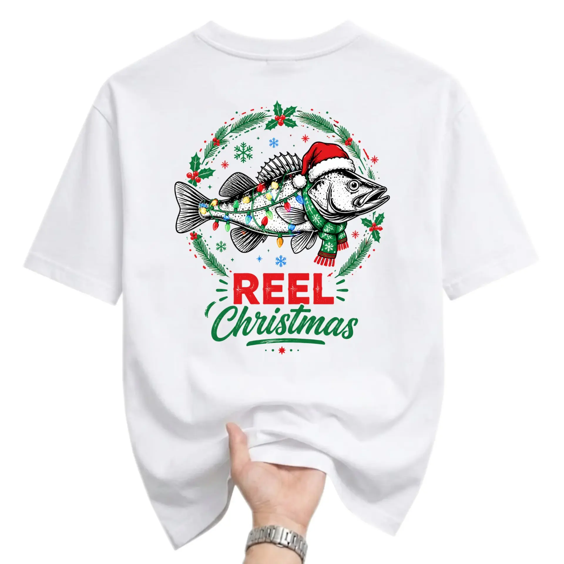 Graphic Tee Reel Christmas Fish Holiday Unisex Shirt Short Sleeve Casual Crew Neck Funny Fishing Lover Apparel White