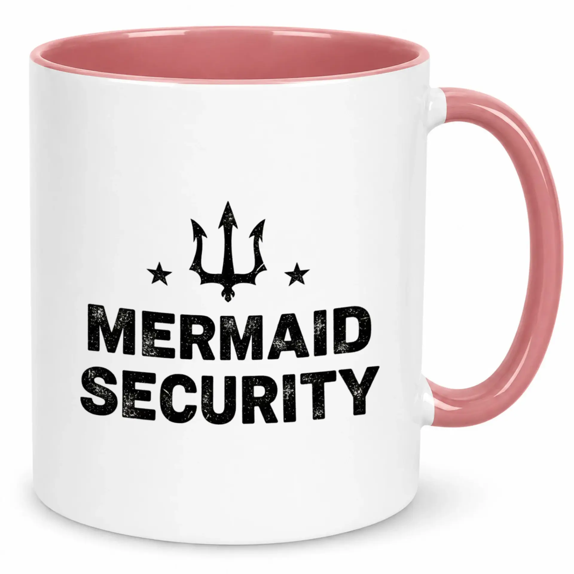 Funny Mermaid Security Ceramic Coffee Mug with Trident Design and Pink Handle, Unique Drinkware Gift for Ocean Lovers, 11oz or 15oz