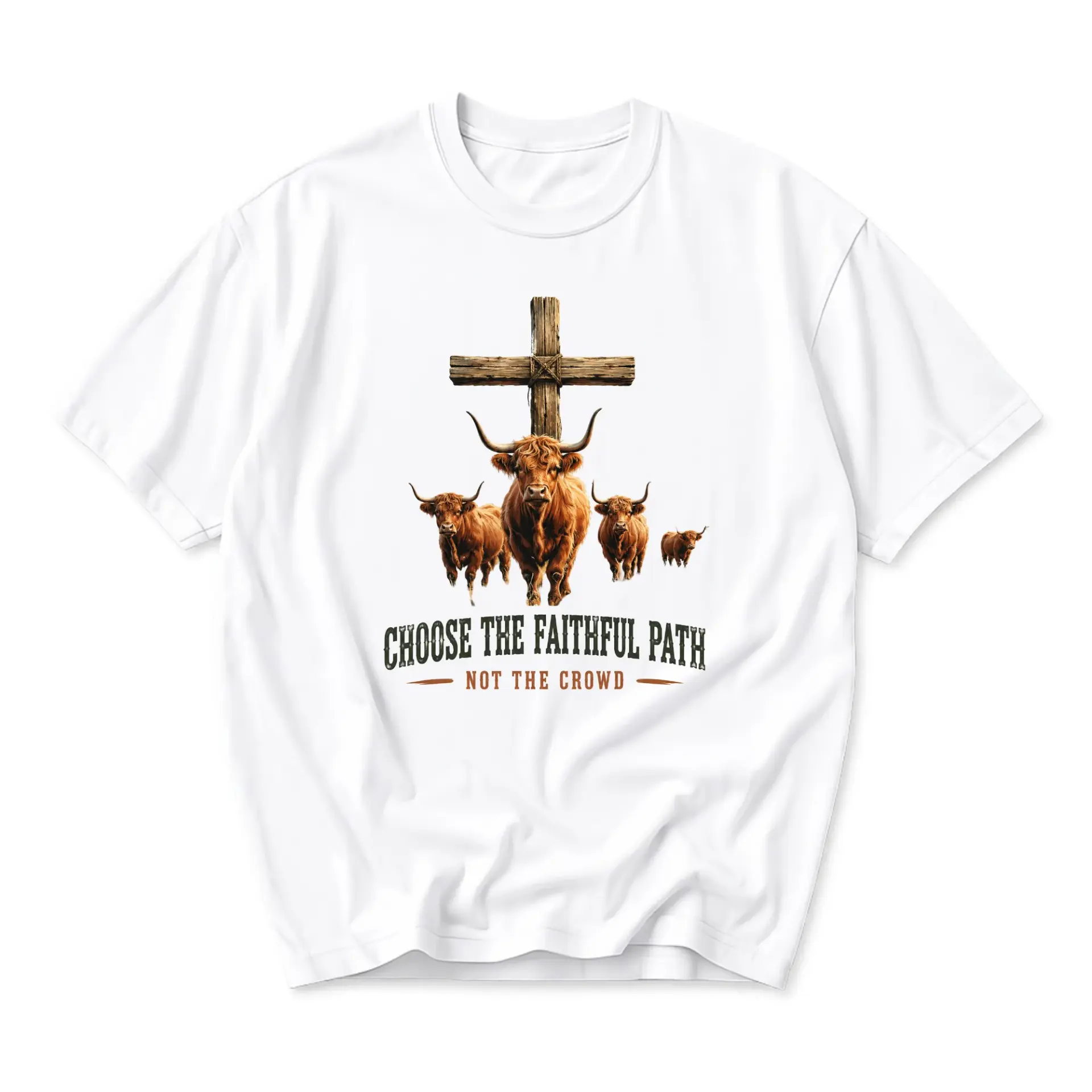 Graphic Tee Choose the Faithful Path Not the Crowd Highland Cattle Religious Faith Inspiration Unisex Crew Neck Shirt