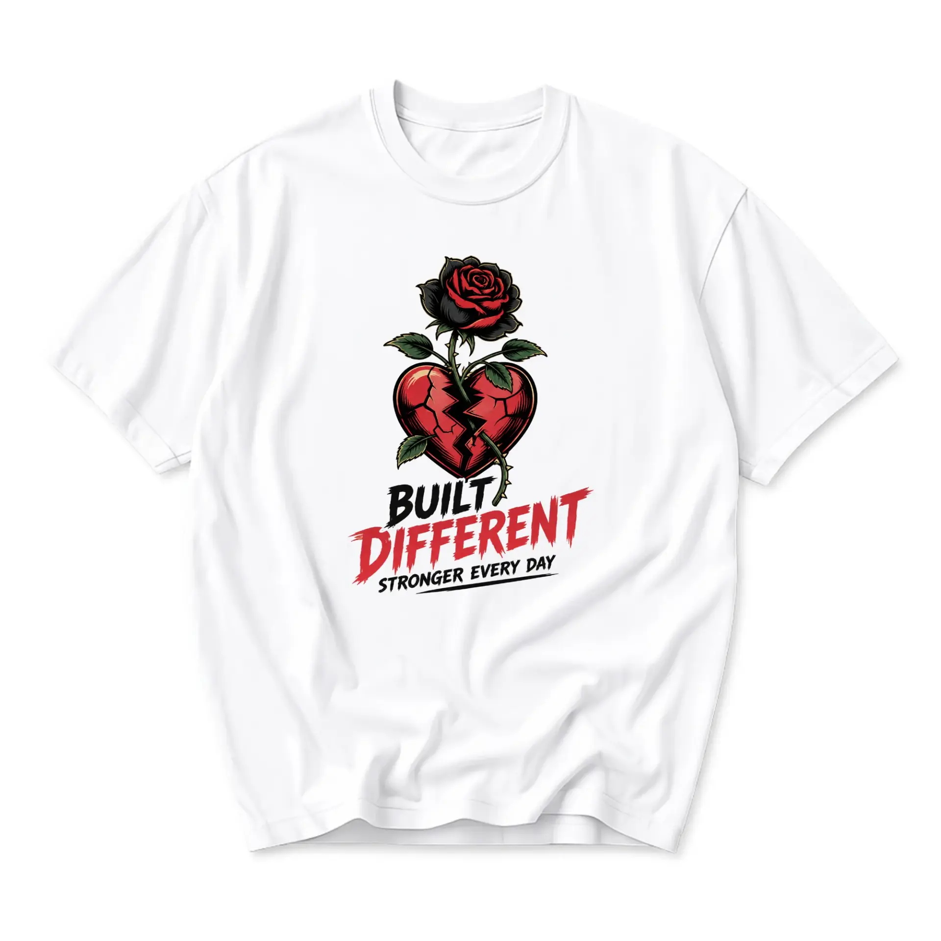 Graphic Tee Built Different Heart Rose Unisex Crew Neck Short Sleeve Shirt for Casual Wear and Everyday Style