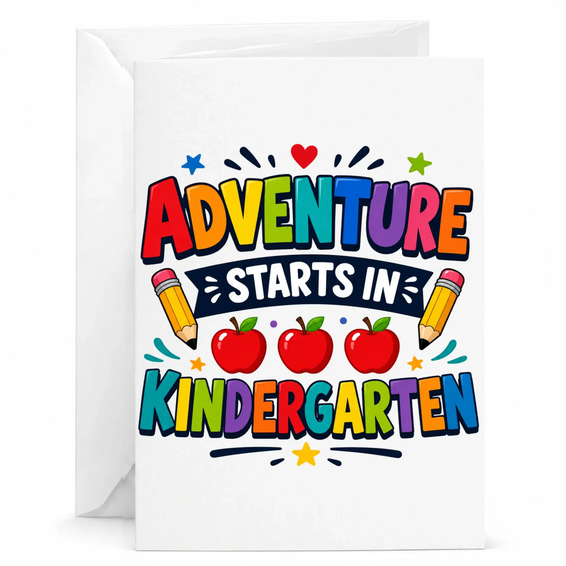 Greeting Card Adventure Starts in Kindergarten with Apples and Pencils Design Colorful Educational Themed Stationery