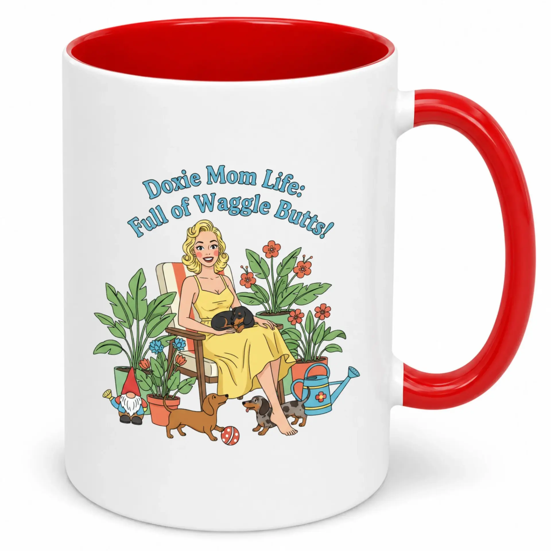 Funny Dachshund Mom Life Ceramic Coffee Mug with Cute Cartoon Dog and Garden Design, 11oz or 15oz Beverage Cup for Pet Lovers