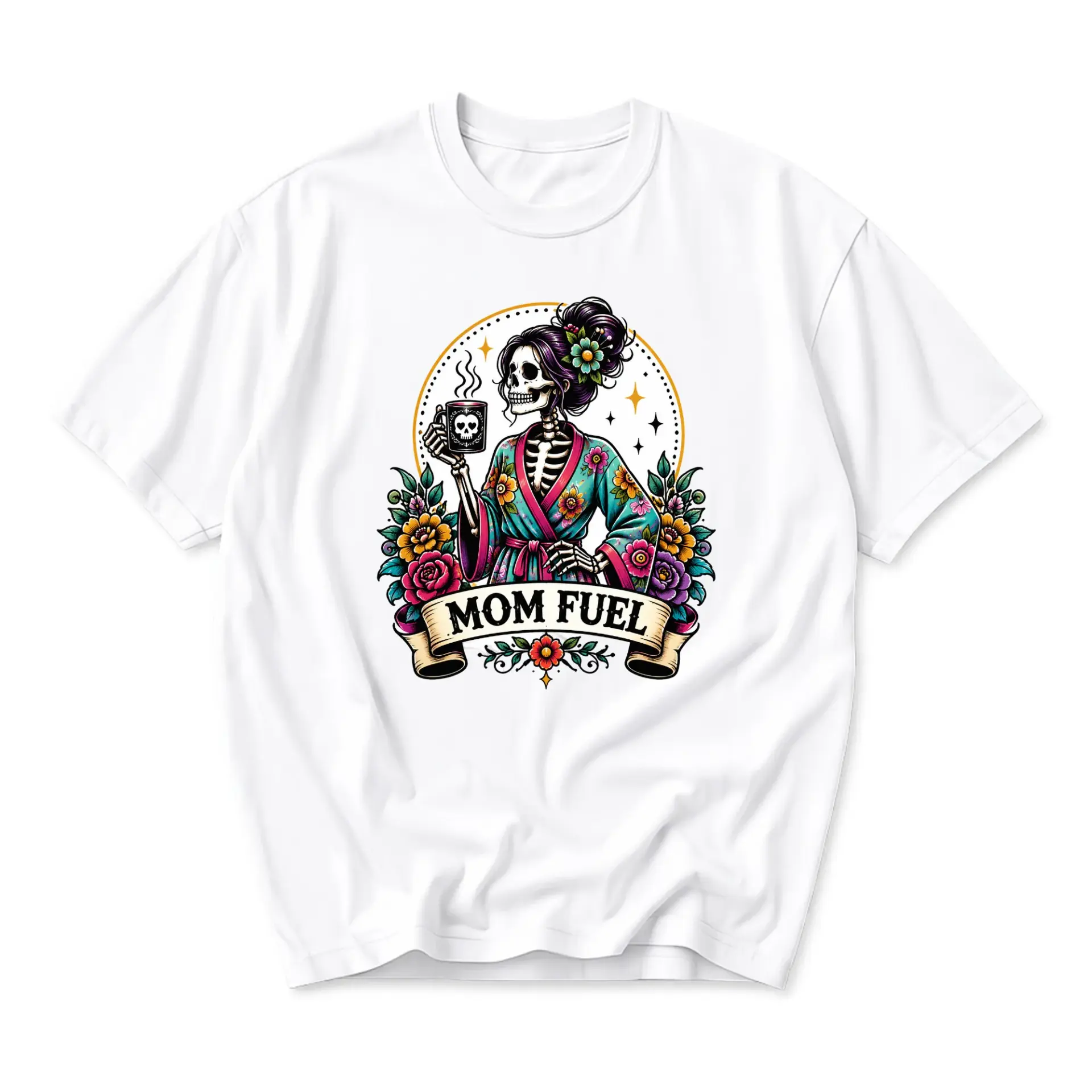 Graphic Tee Mom Fuel Skeleton Coffee Lover Unisex Crew Neck Cotton Casual Shirt for Everyday Wear and Self Expression