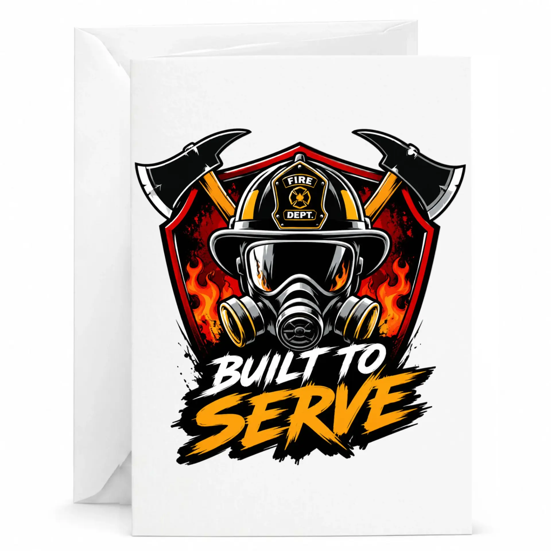 Greeting Card Built to Serve Firefighter Theme Professional Graphic Illustration Design for First Responder Appreciation