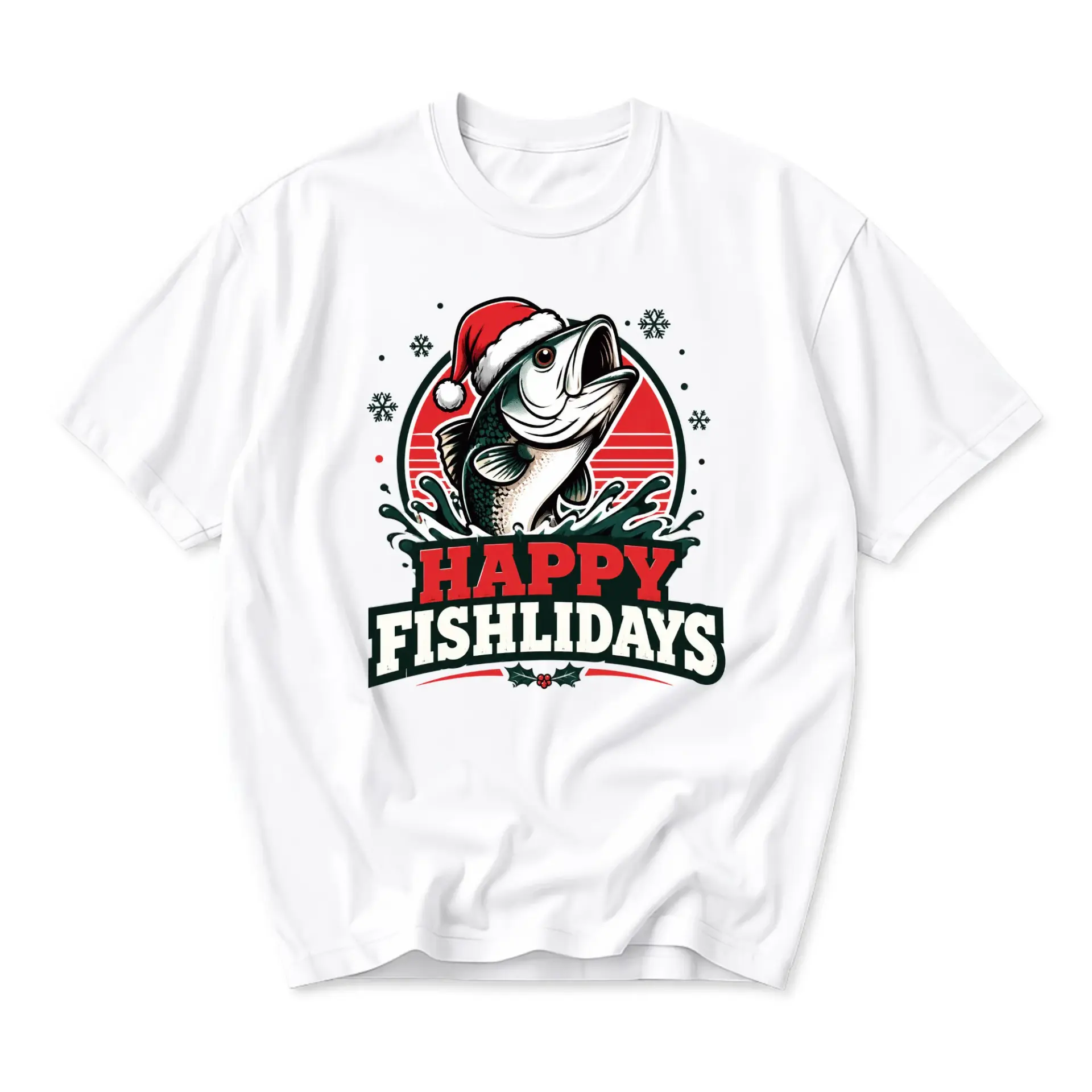 Funny Shirt Happy Fishlidays Fishing Christmas Graphic Tee Unisex Casual Crew Neck Comfortable Holiday Cotton Top