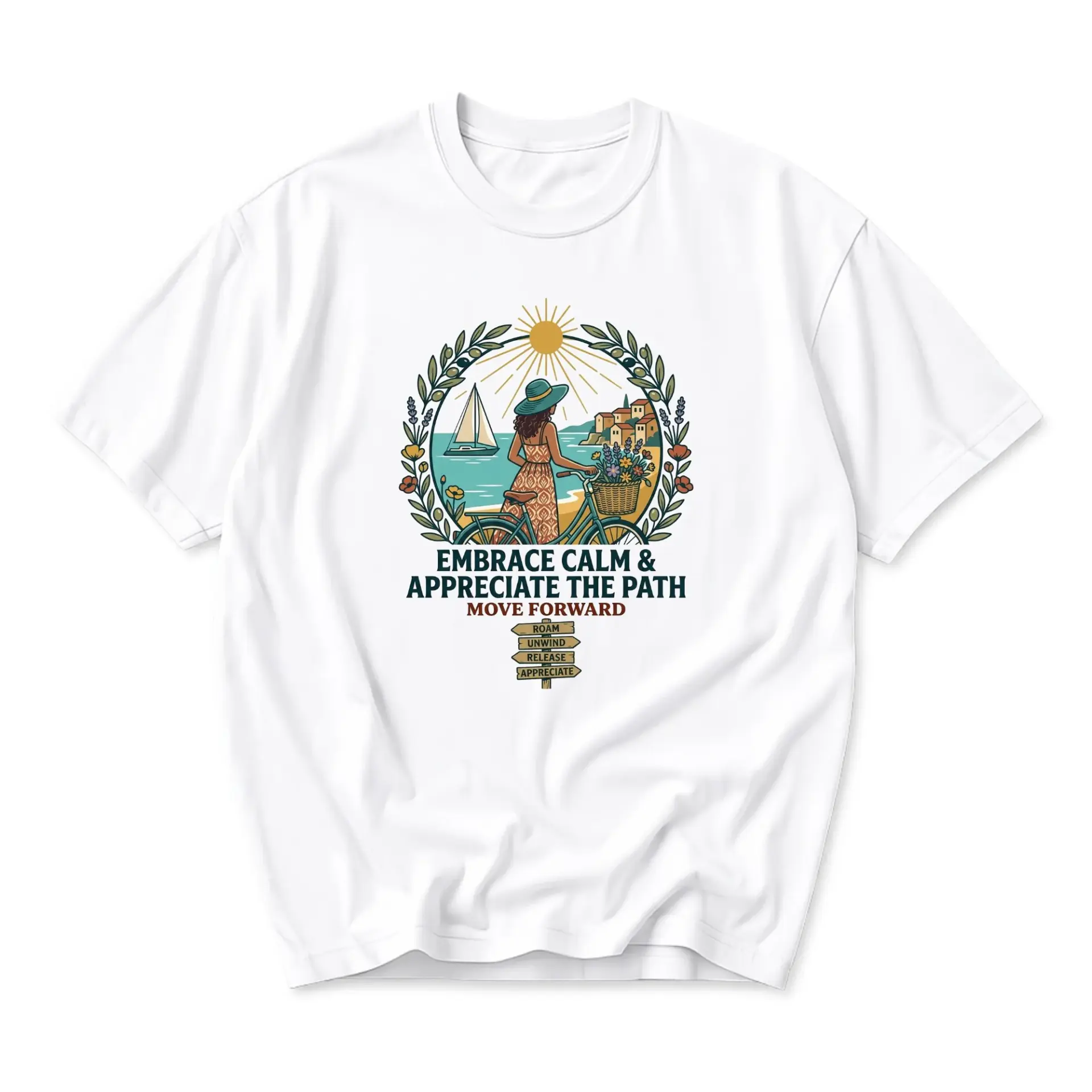 Graphic Tee Embrace Calm and Appreciate the Path Aesthetic Summer Vacation Coastal Travel Unisex Crew Neck T-Shirt