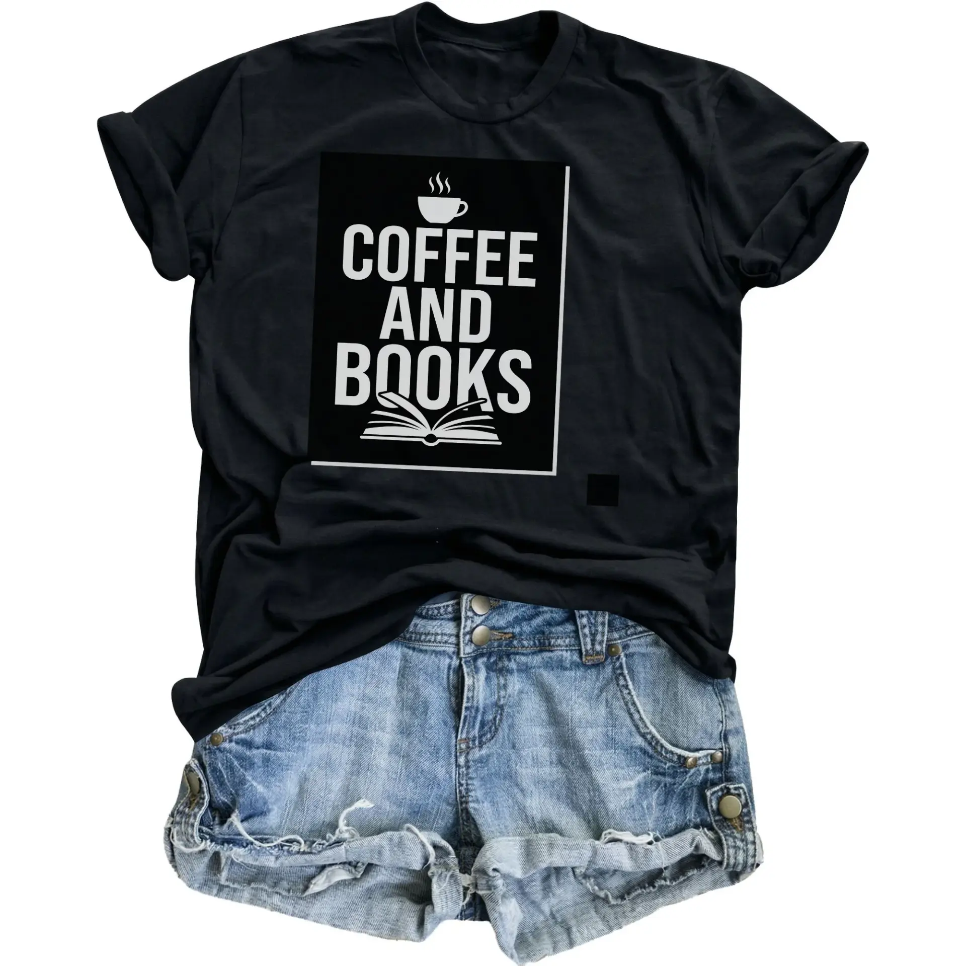 Graphic Tee Coffee and Books Printed Unisex Shirt Casual Cotton Blend Crew Neck Apparel for Readers Lovers