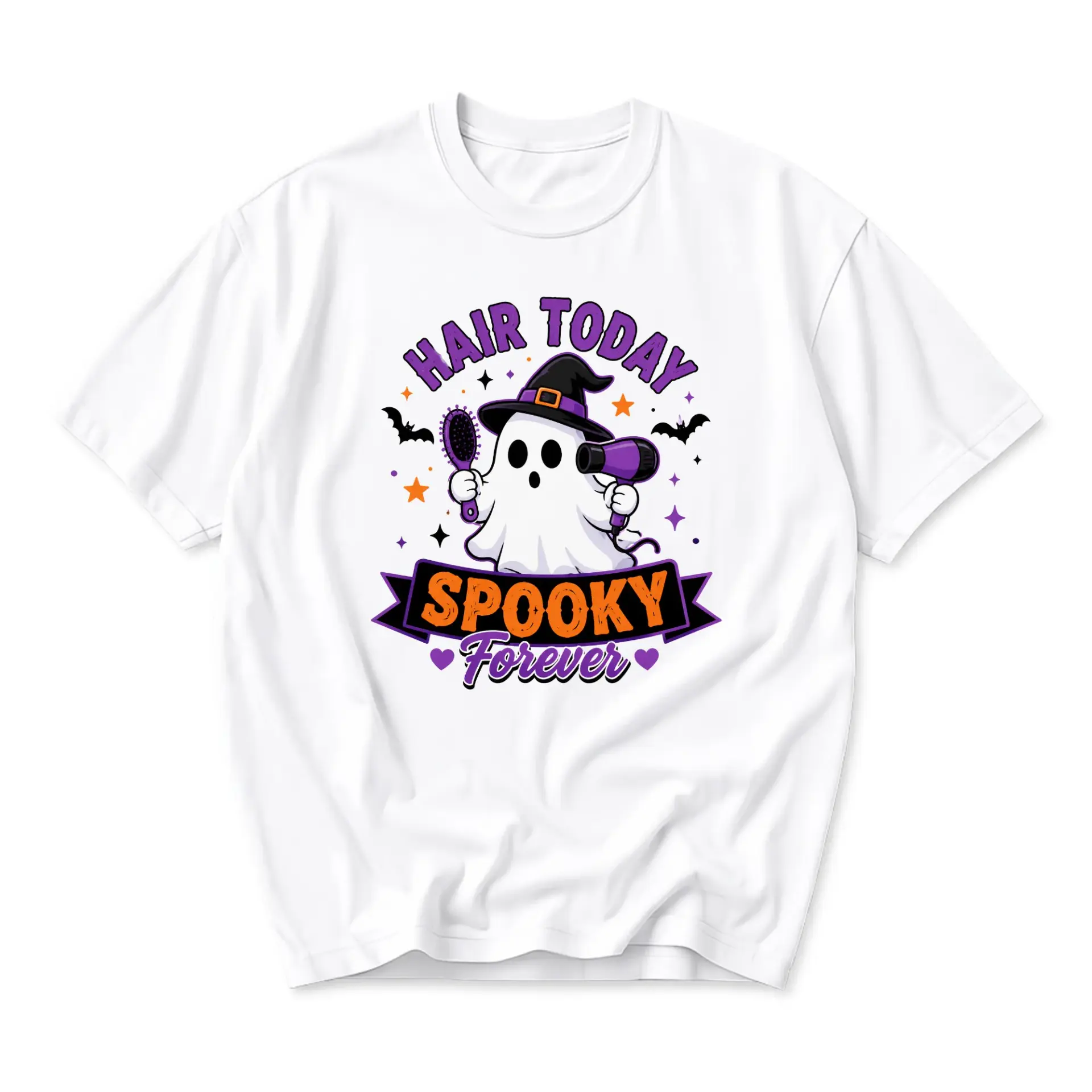 Funny Shirt Unisex Graphic Printed T-Shirt Featuring Cute Ghost with Hairbrush and Dryer for Halloween Season Apparel