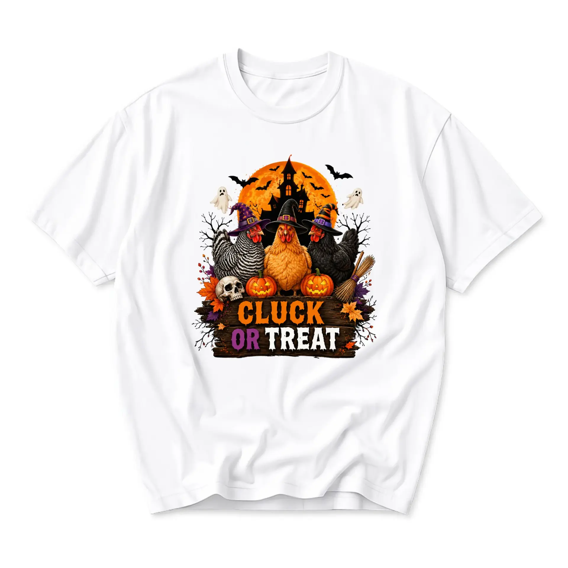 Funny Shirt Cluck or Treat Halloween Graphic Tee Featuring Witch Hat Wearing Chickens and Spooky Haunted House Design