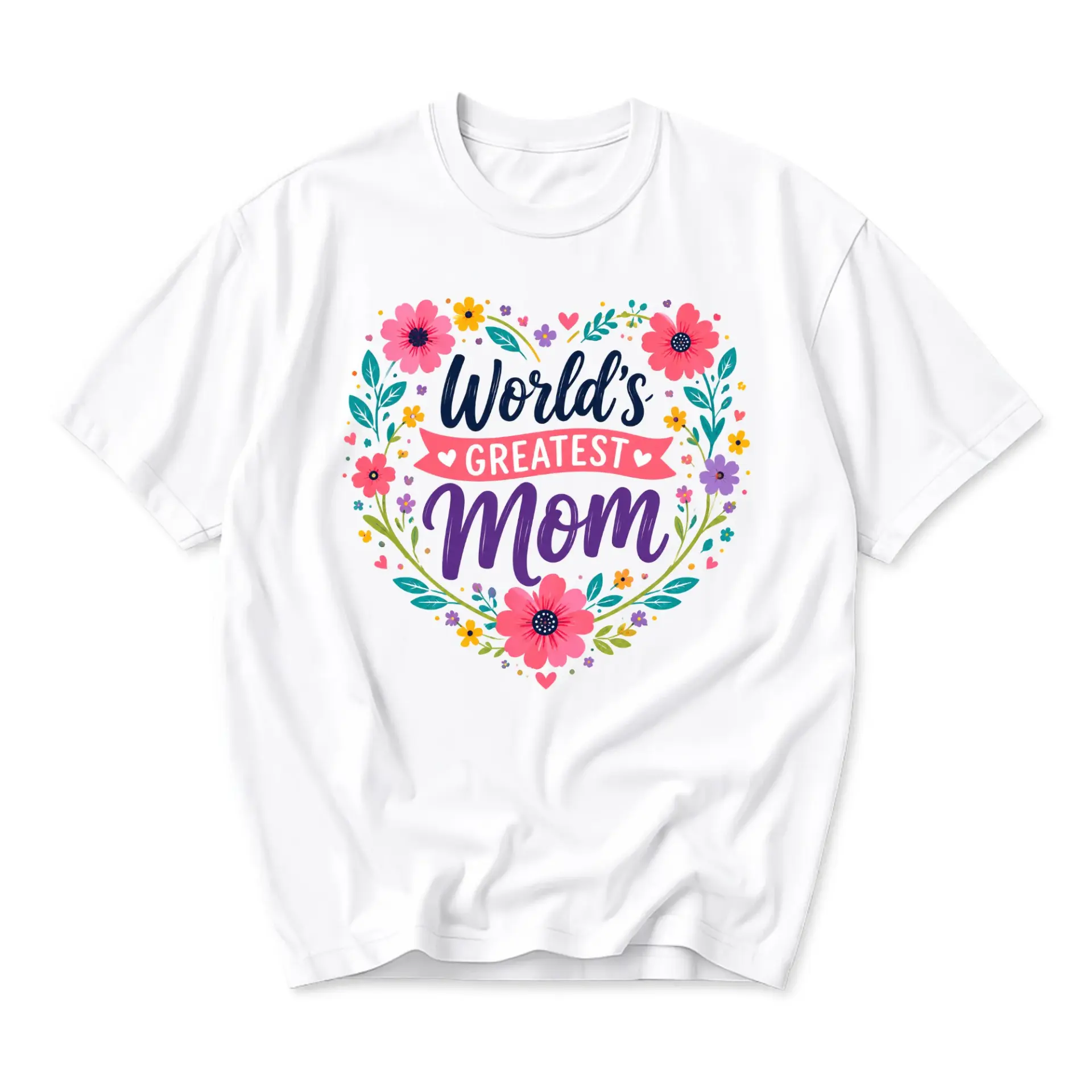 Graphic Tee World's Greatest Mom Floral Heart Print Casual Unisex Crew Neck