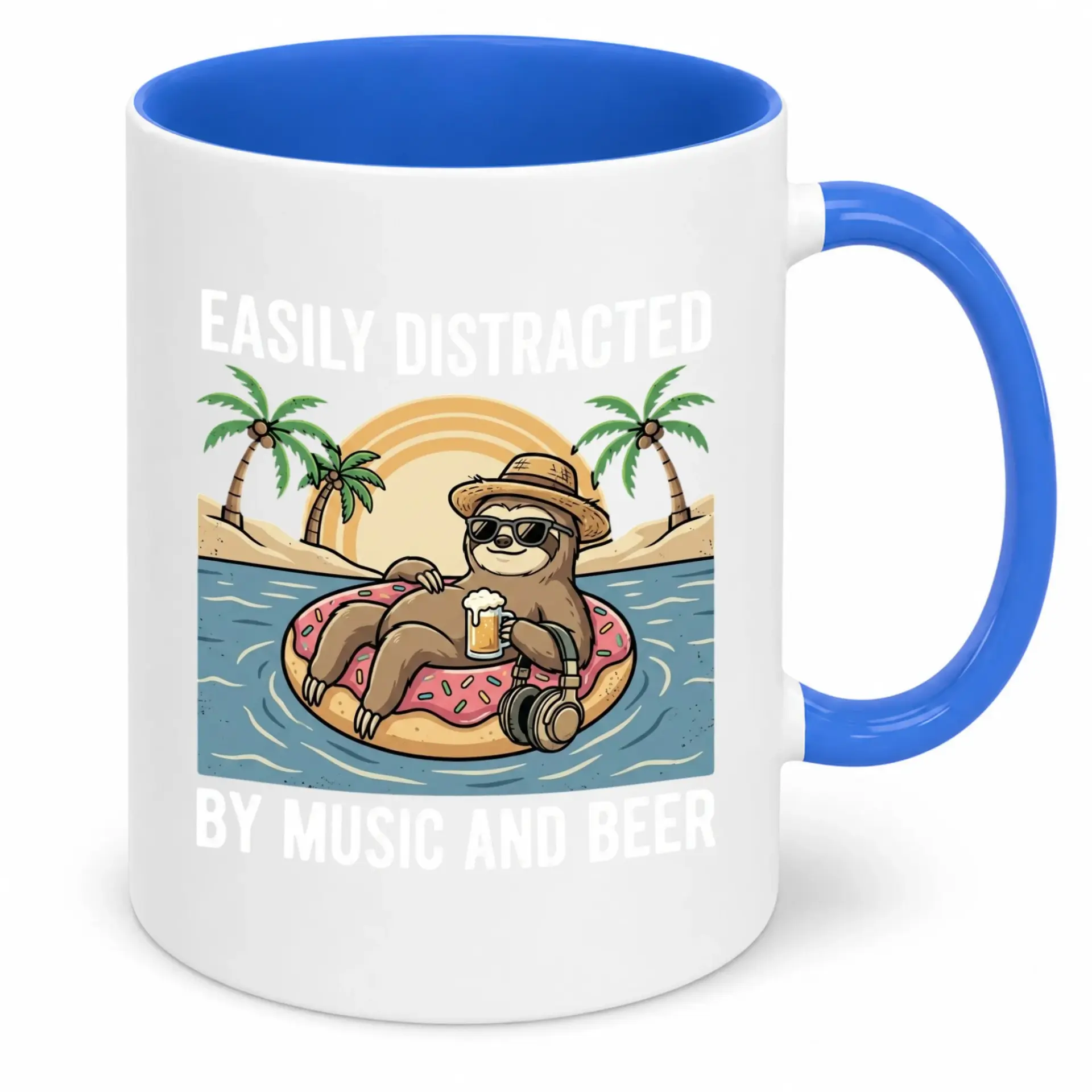 Funny Sloth Coffee Mug for Relaxed Days, Easily Distracted by Music and Beer Themed Ceramic Novelty Drinkware for Adults