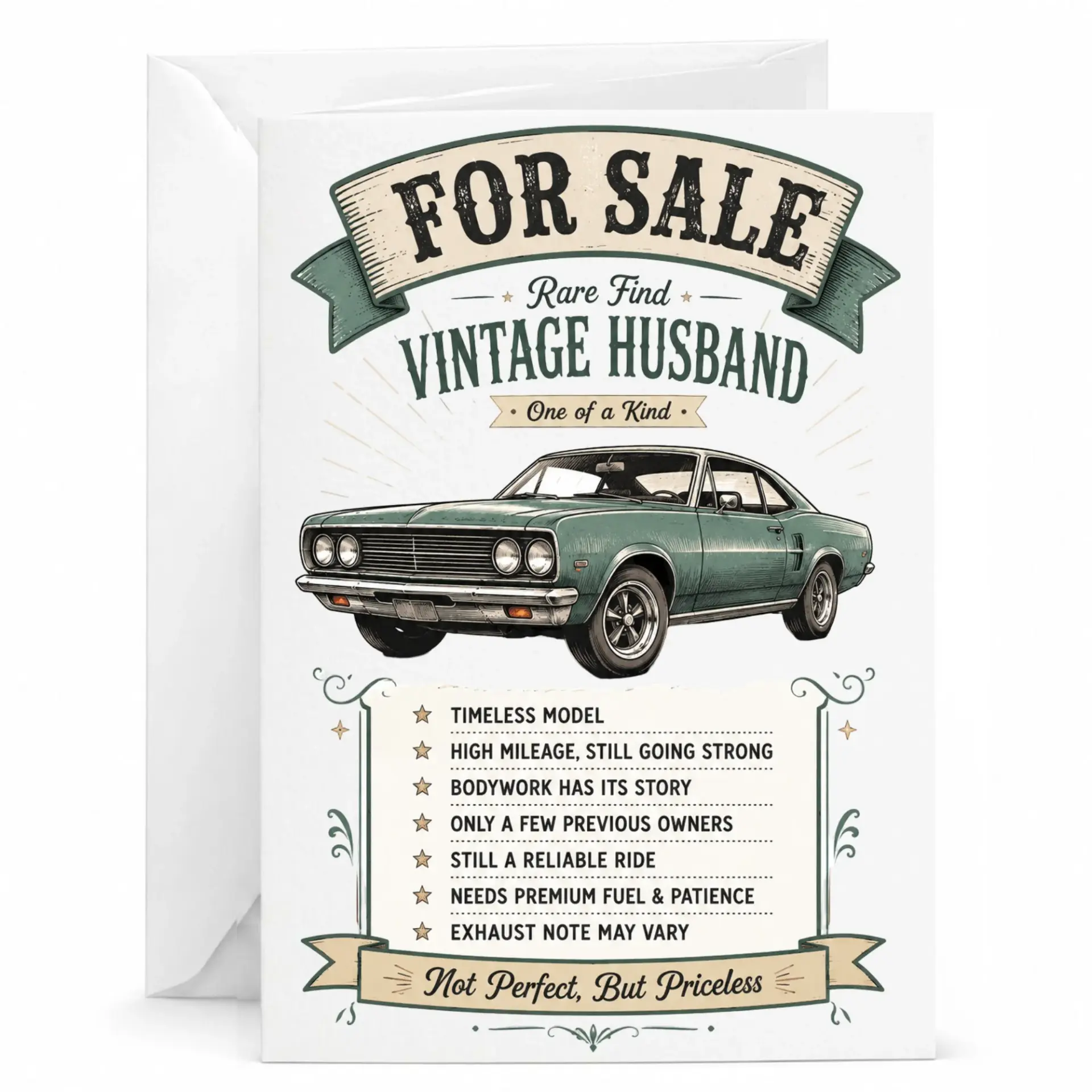 Funny Vintage Husband Greeting Card Retro Muscle Car Birthday Anniversary for Him Priceless Gift