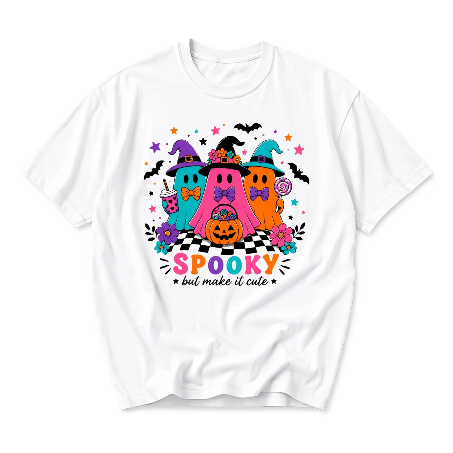 Funny Shirt Spooky but Make It Cute Halloween Ghost Graphic Printed Unisex Crew Neck Casual Everyday T-Shirt White