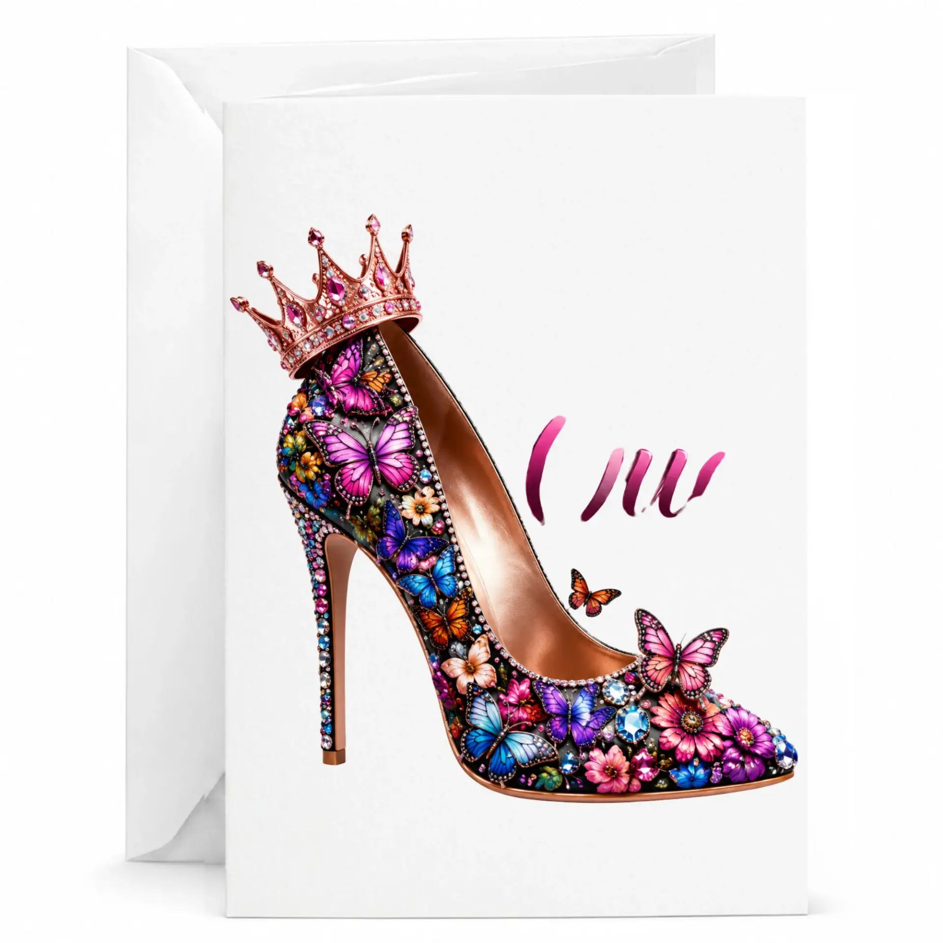 Greeting Card High Heel Shoe Design with Butterflies and Crown Embellishment for Special Celebrations and Events