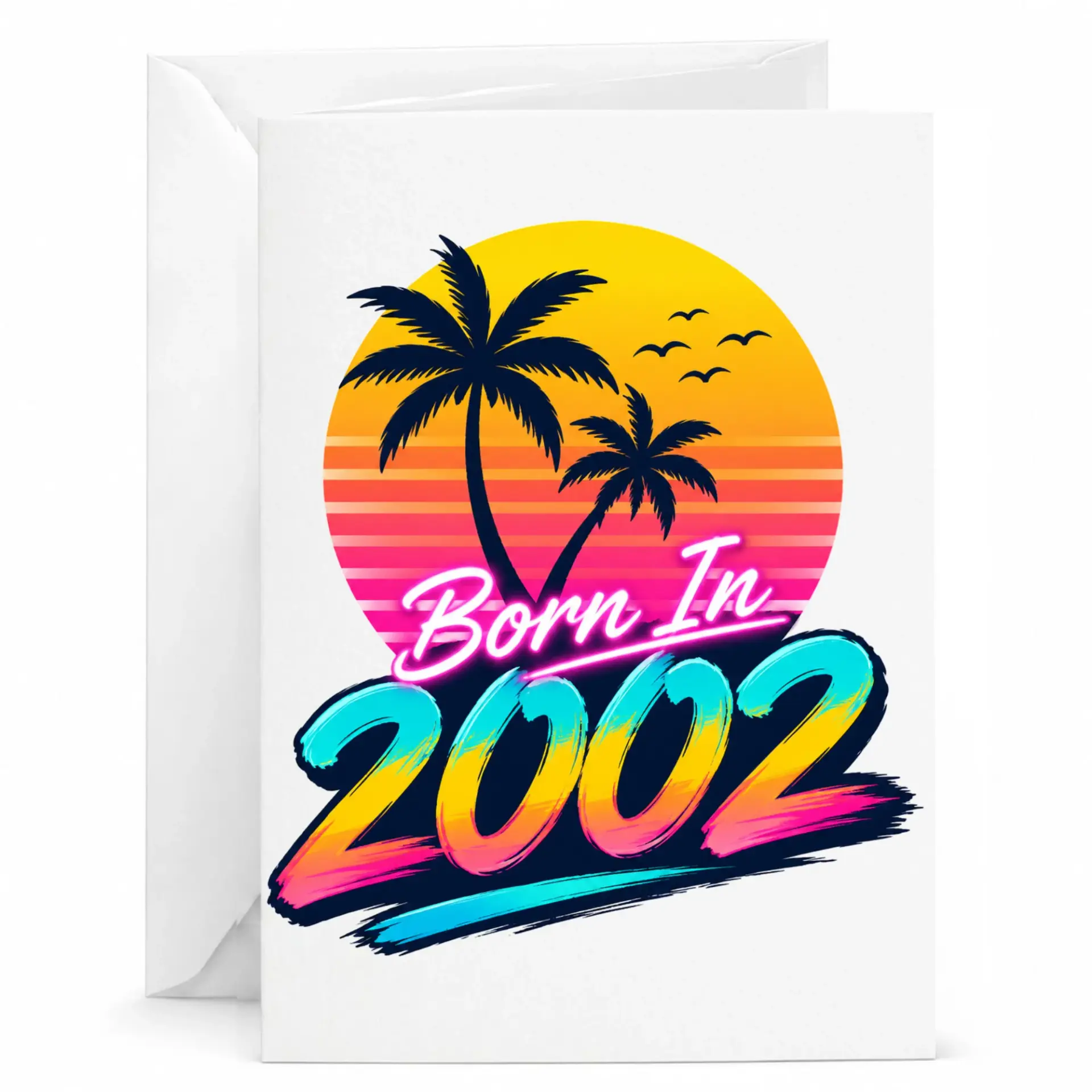 Birthday Card Born in 2002 Retro Sunset Palm Tree Design Greeting Card for Milestone Celebration 5x7 Inches