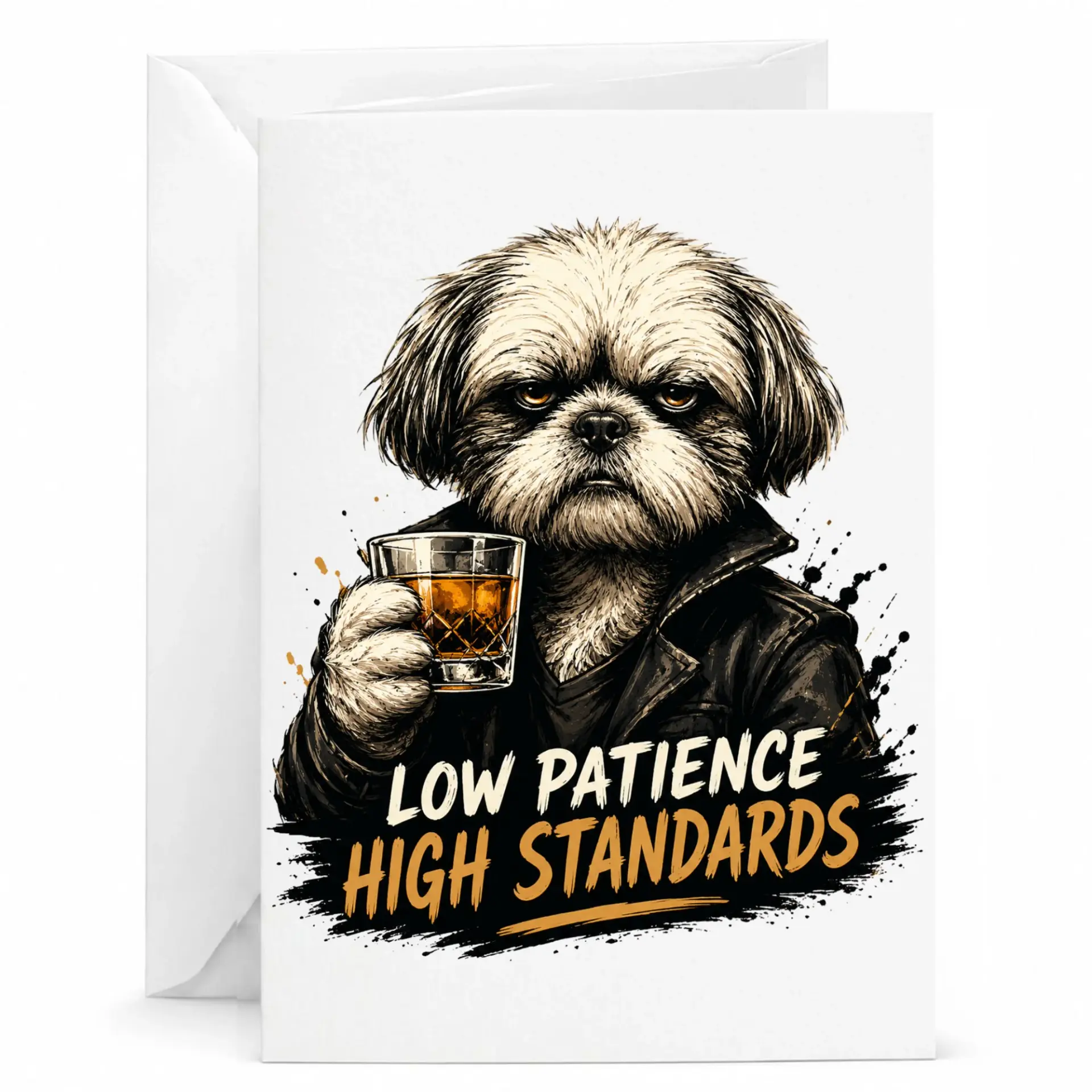 Funny Greeting Card Low Patience High Dog Design Whiskey Drinker Humor Stationery for Friends and Family