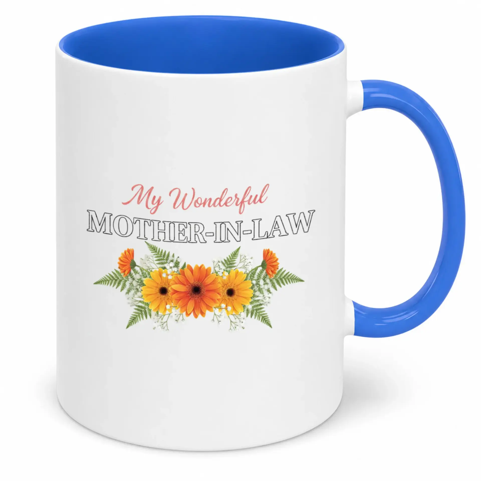 Mother-In-Law Floral Ceramic Coffee Mug with Blue Handle Thoughtful Gift for Family and Special Occasions