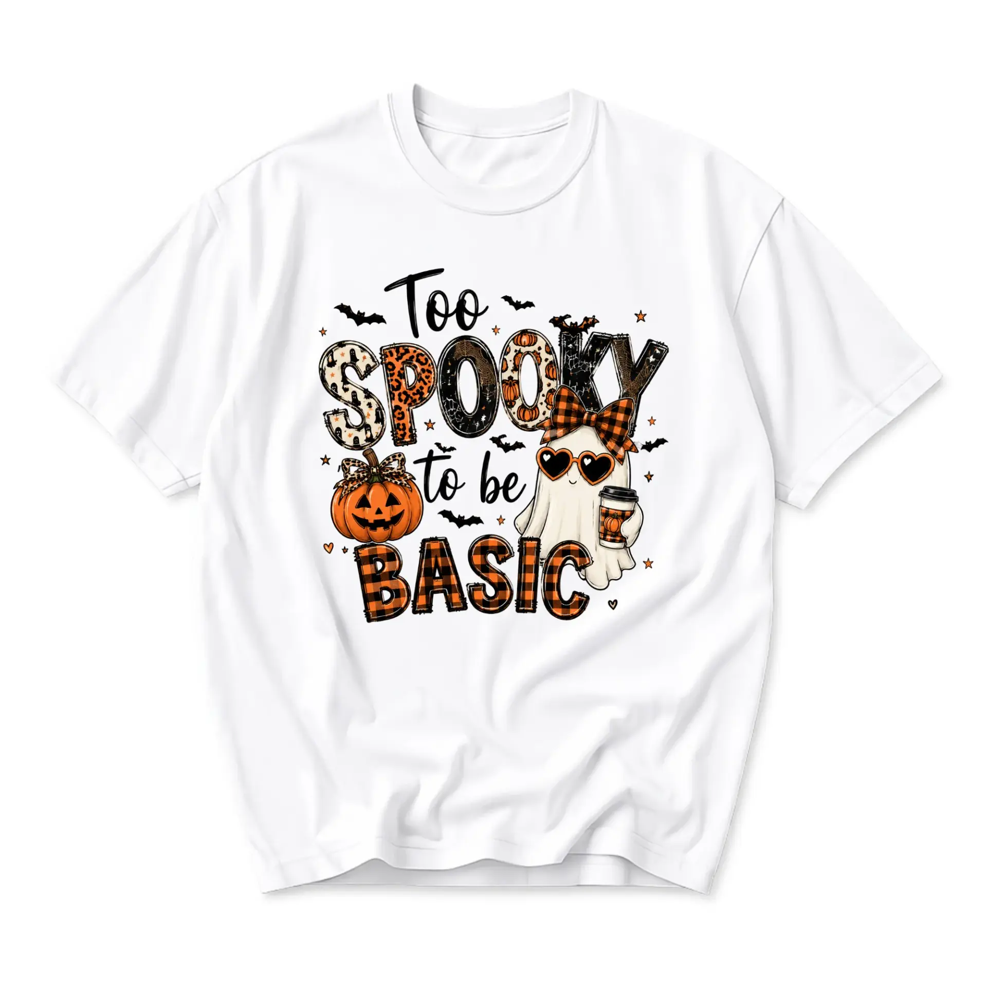 Funny Shirt Too Spooky to Be Basic Halloween Graphic Tee Casual Unisex Crew Neck Seasonal Fall Autumn Holiday Top