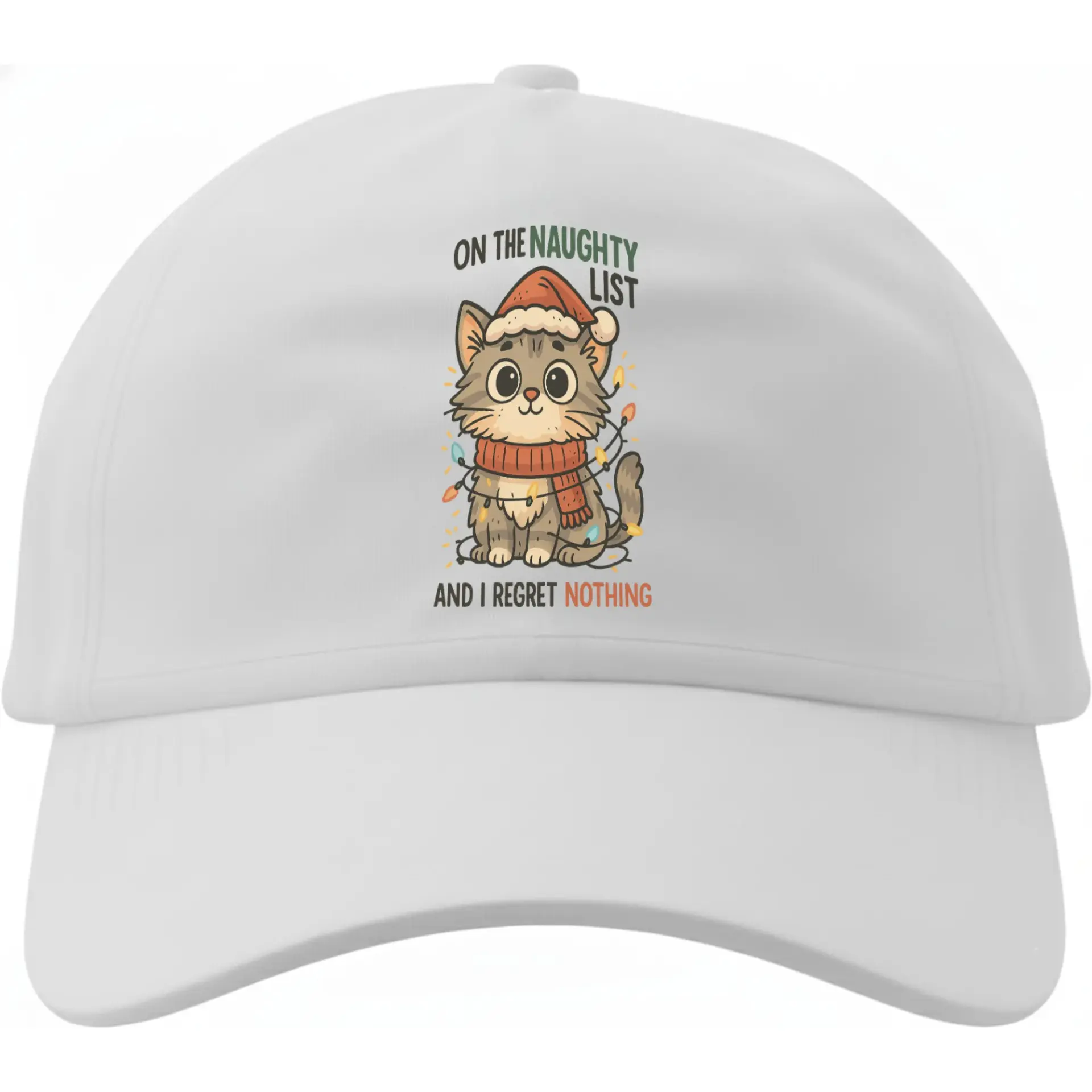 Baseball Cap with Funny Cat Holiday Design Naughty List Humor Embroidered or Printed Graphic Low Profile Adjustable Hat