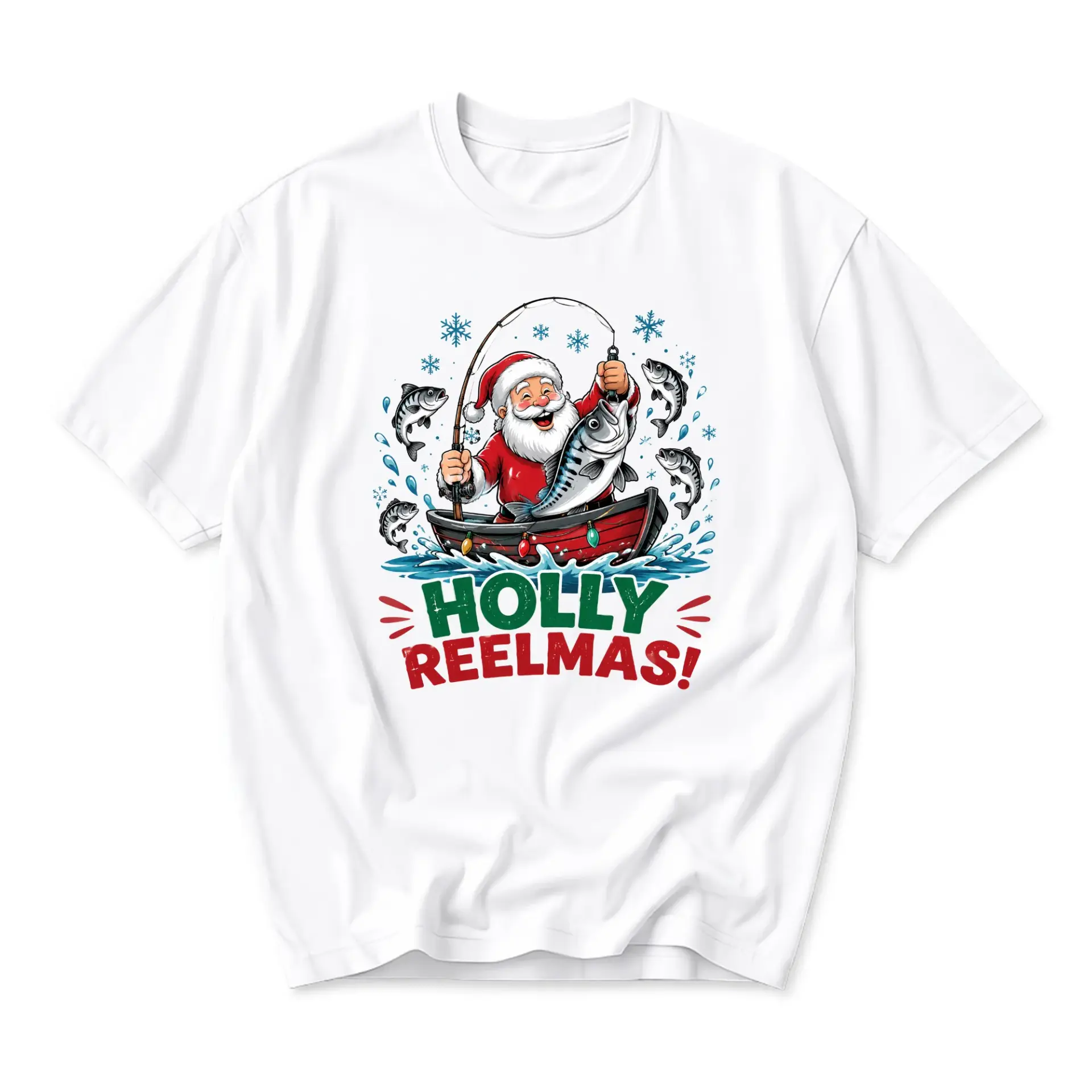 Funny Shirt Holly Reelmas Santa Fishing Graphic Tee Holiday Seasonal