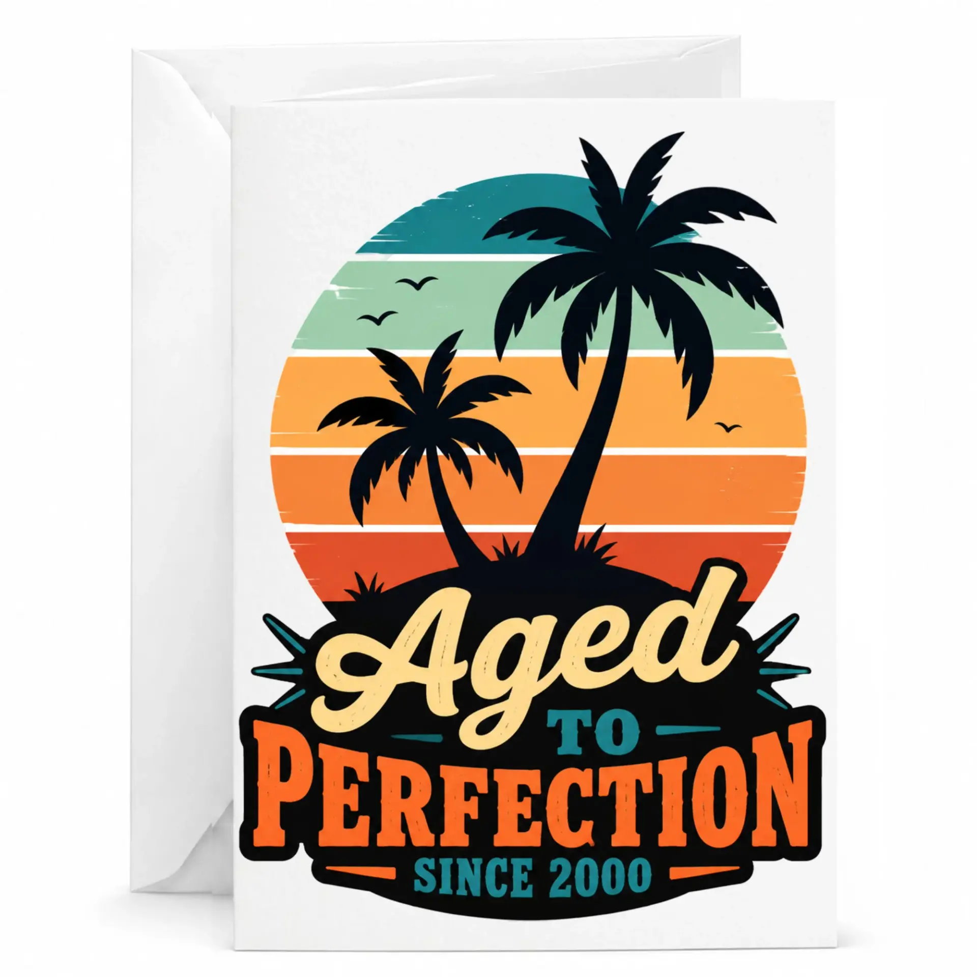 Birthday Card Aged to Perfection Since 2000 Retro Tropical Palm Tree Greeting Card with Matching White Envelope