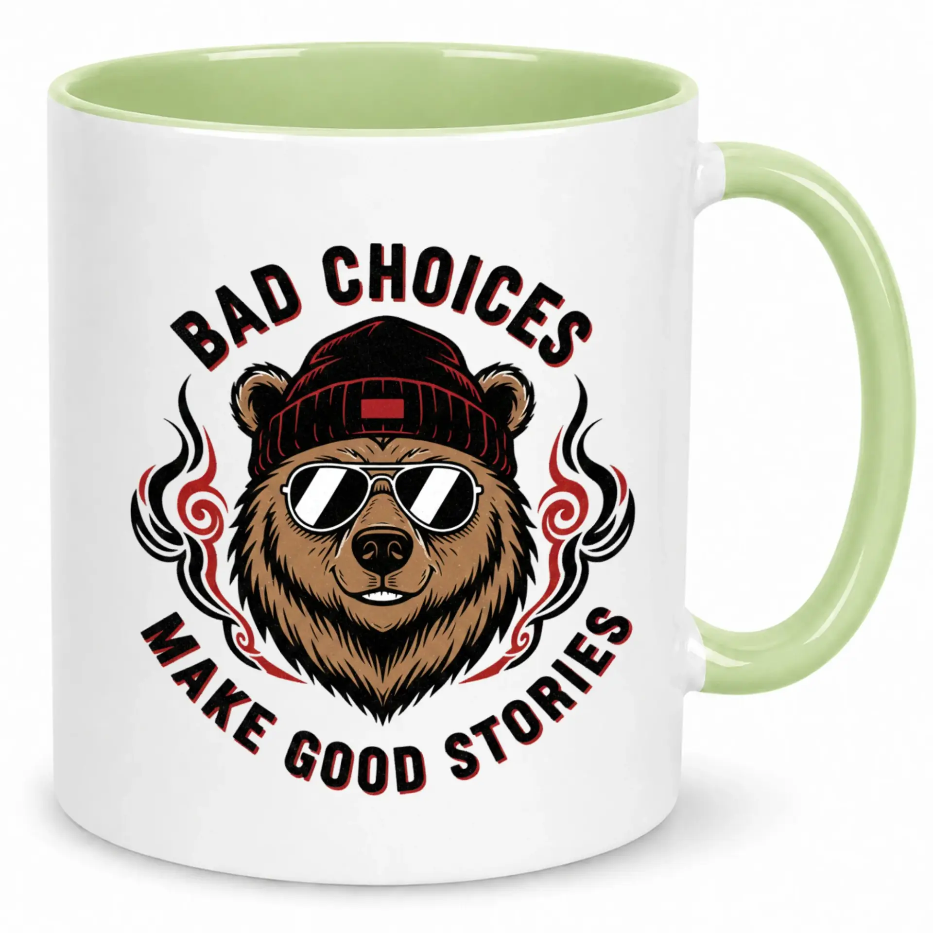 Funny Bear Coffee Mug with Sunglasses and Beanie 'bad Choices Stories' Ceramic Drinkware for Home Office Gifts