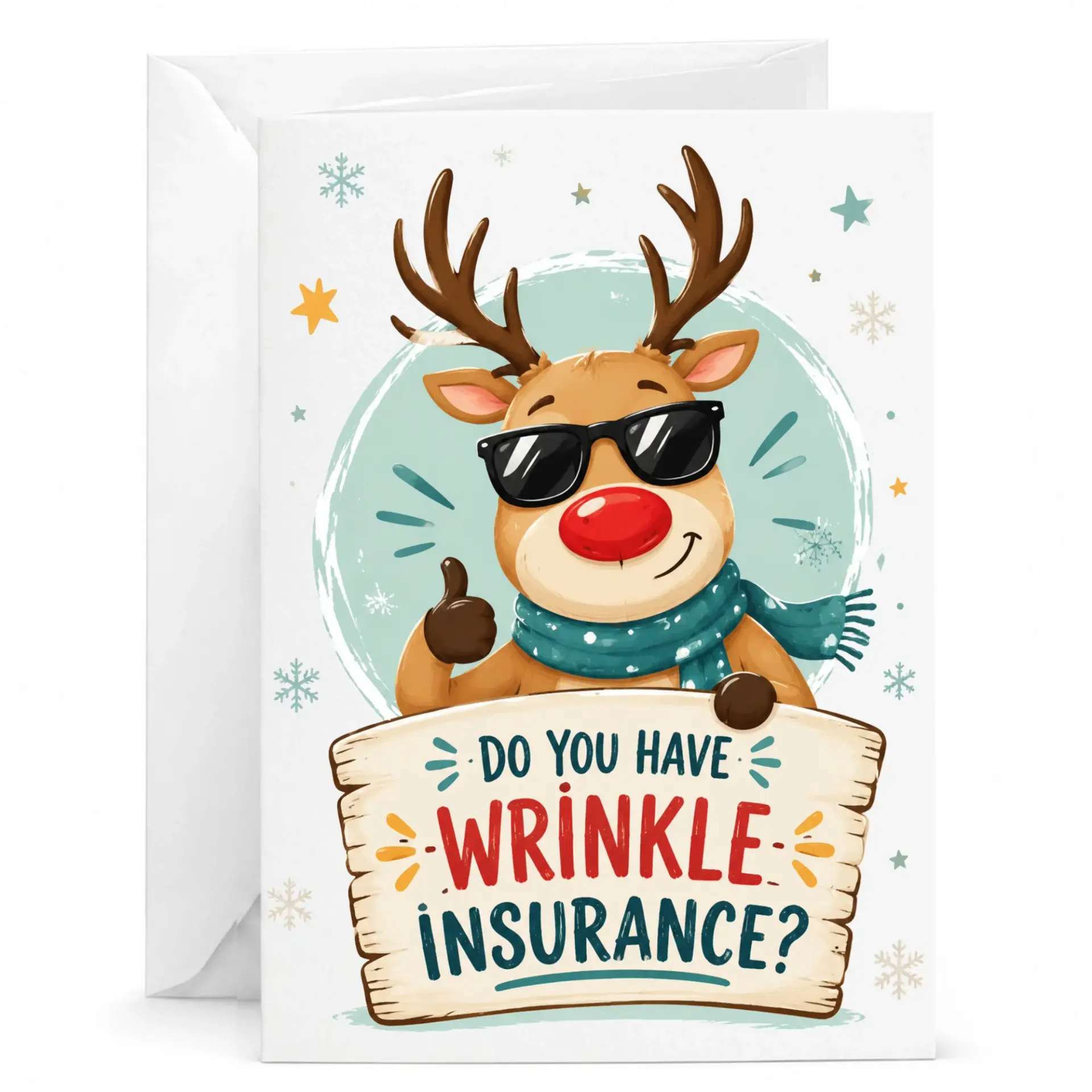 Funny Reindeer Greeting Card for Birthday or Holiday, Cool Deer with Sunglasses and Scarf, Humorous Winter Stationery