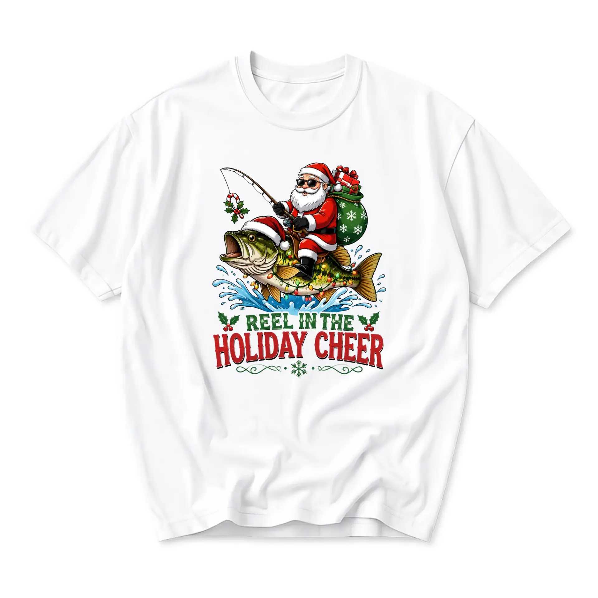 Graphic Tee Unisex Holiday Fishing Santa Print Crew Neck Casual Everyday Short Sleeve Cotton Blend T-Shirt Top for