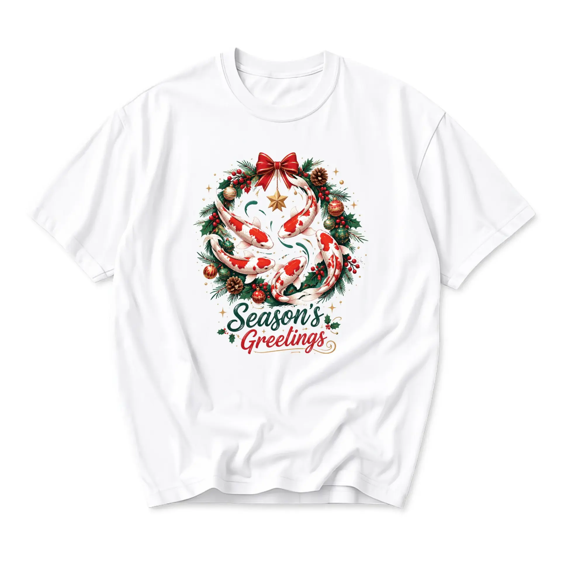 Graphic Tee Season Greetings Koi Fish Christmas Wreath Illustration Unisex Crew Neck Short Sleeve Casual Cotton Shirt