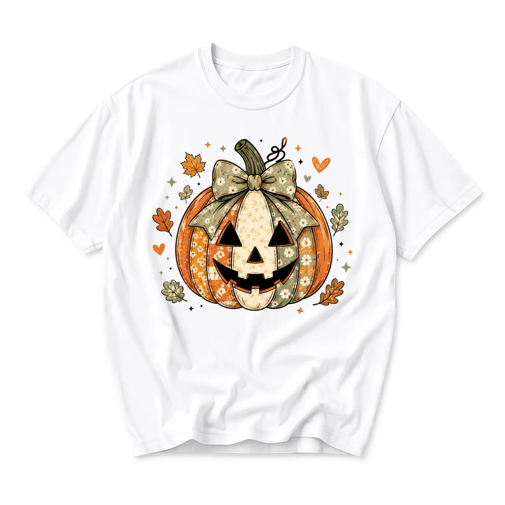 Graphic Tee Pumpkin with Floral Bow Print Autumn Season Unisex Crew Neck T-Shirt for Casual Everyday Fall Outfits