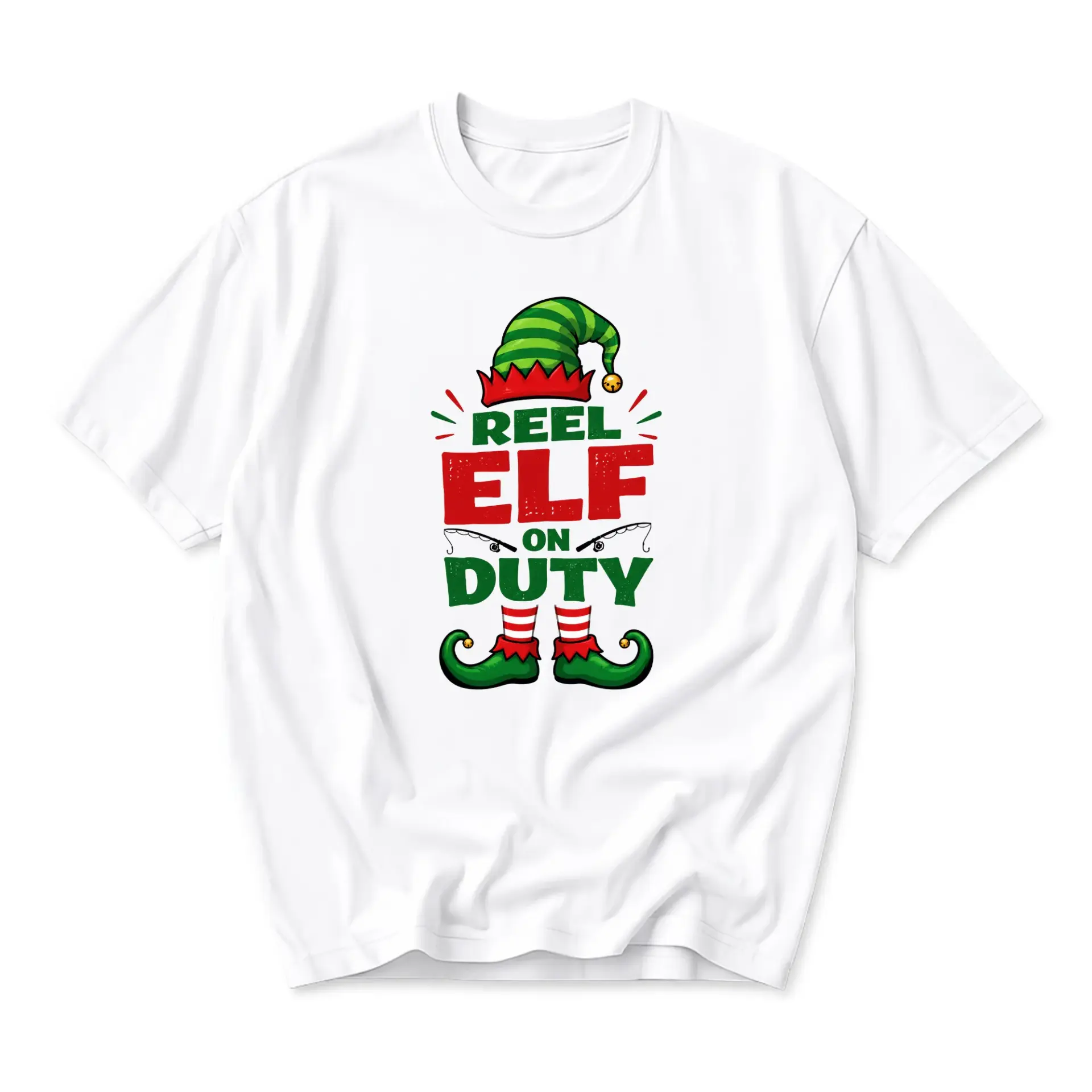 Funny Shirt Reel Elf on Duty Graphic Tee Unisex Casual Holiday Short Sleeve Crew Neck Cotton Blend Apparel for Fishing
