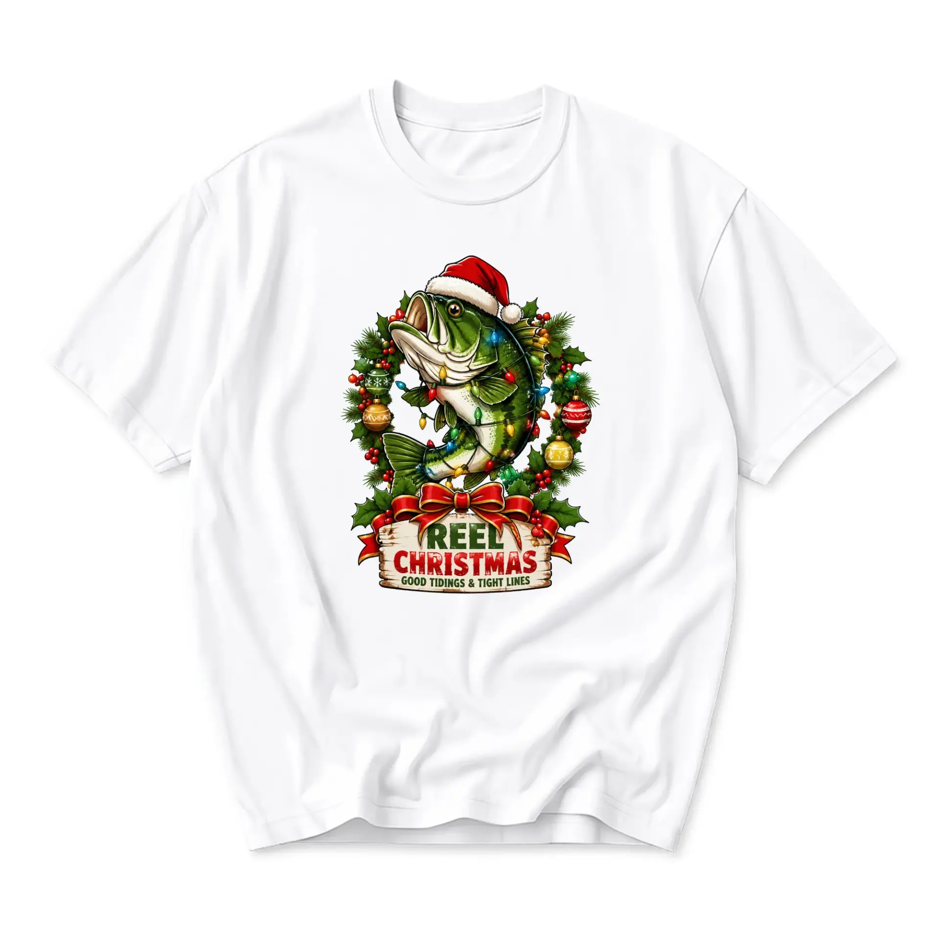Funny Shirt Reel Christmas Fishing Graphic Tee Holiday Season Unisex Crew Neck Casual Cotton Blend Apparel White