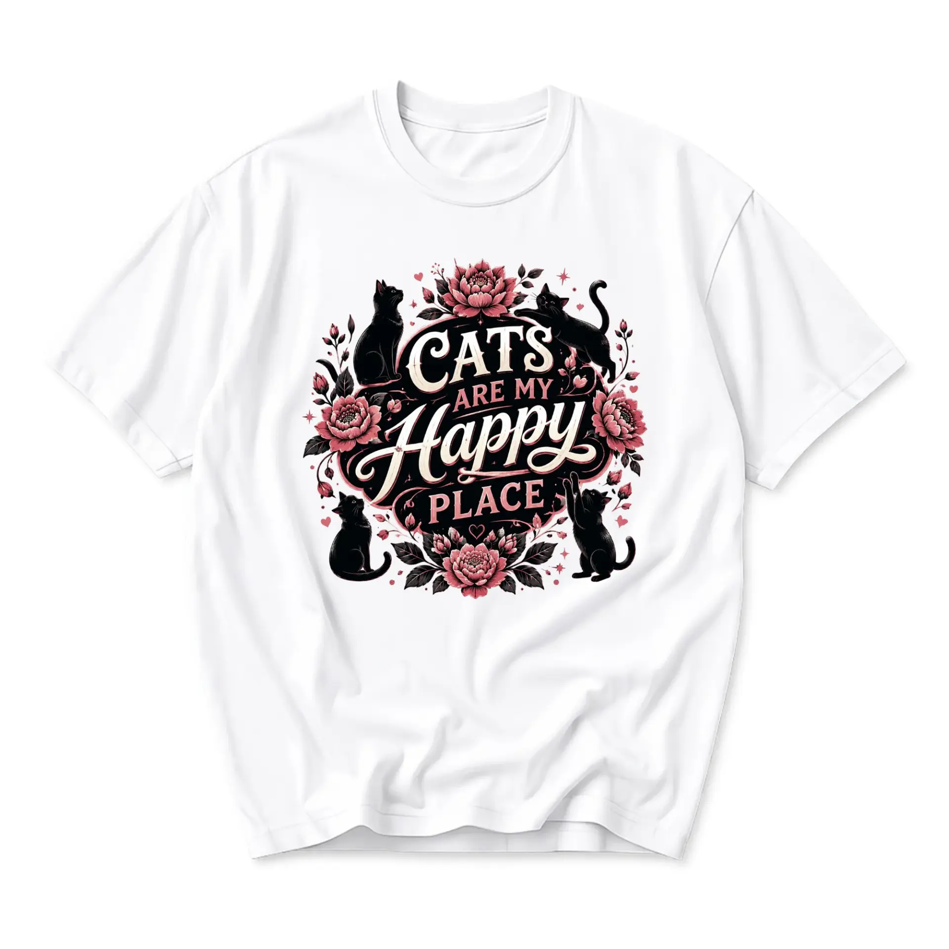 Graphic Tee Cats Are My Happy Place Shirt Unisex Floral Cat Lover Apparel Cute Animal Illustration Crew Neck T-Shirt