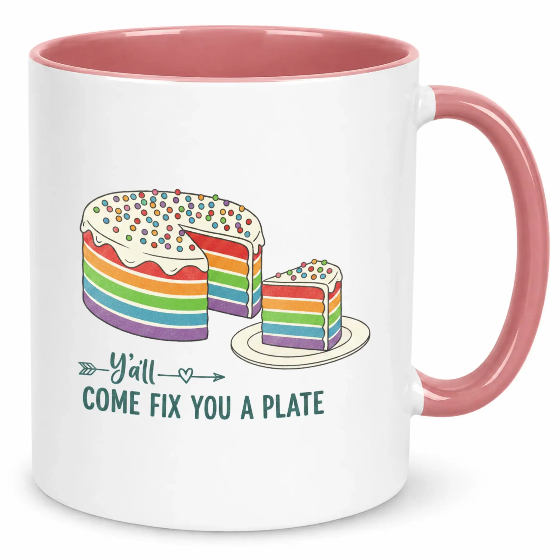 Funny Coffee Mug with Rainbow Cake Design "y'all Come Fix You a Plate" Southern Saying Ceramic Drinkware Gift for Friends and Family