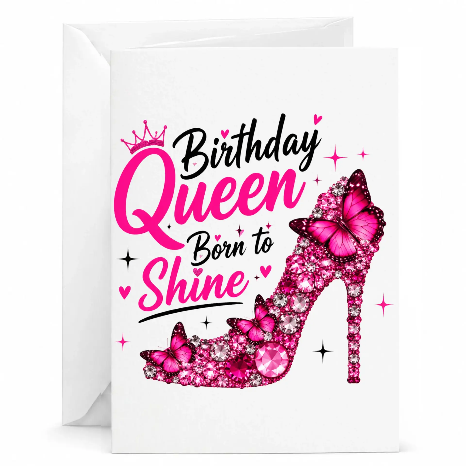 Birthday Queen Greeting Card with Matching Envelope, Elegant Stiletto Shoe and Butterfly Illustration Design