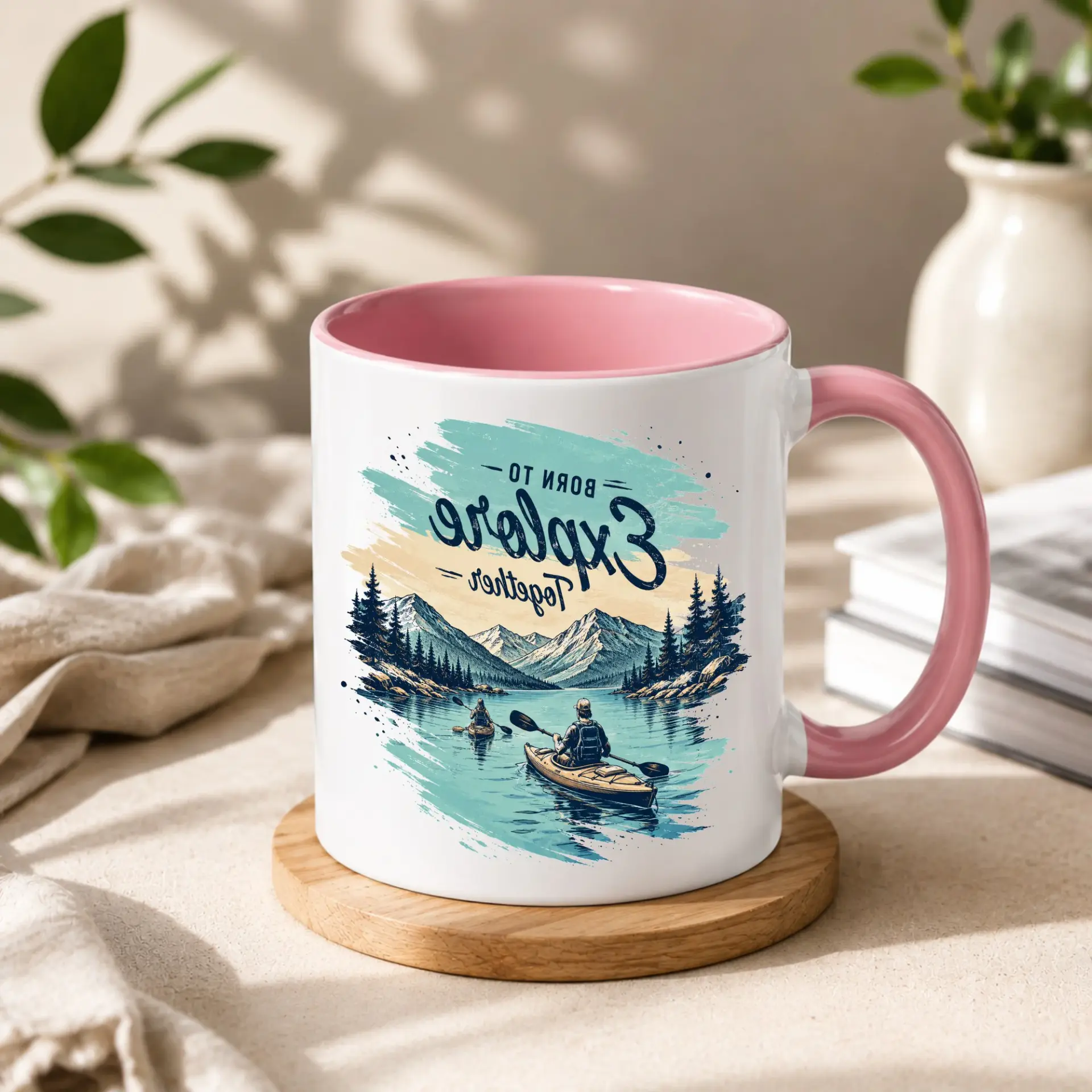 Adventurous Kayaking Themed Coffee Mug Featuring Scenic Mountain and Motivational Born to Explore Together Quote