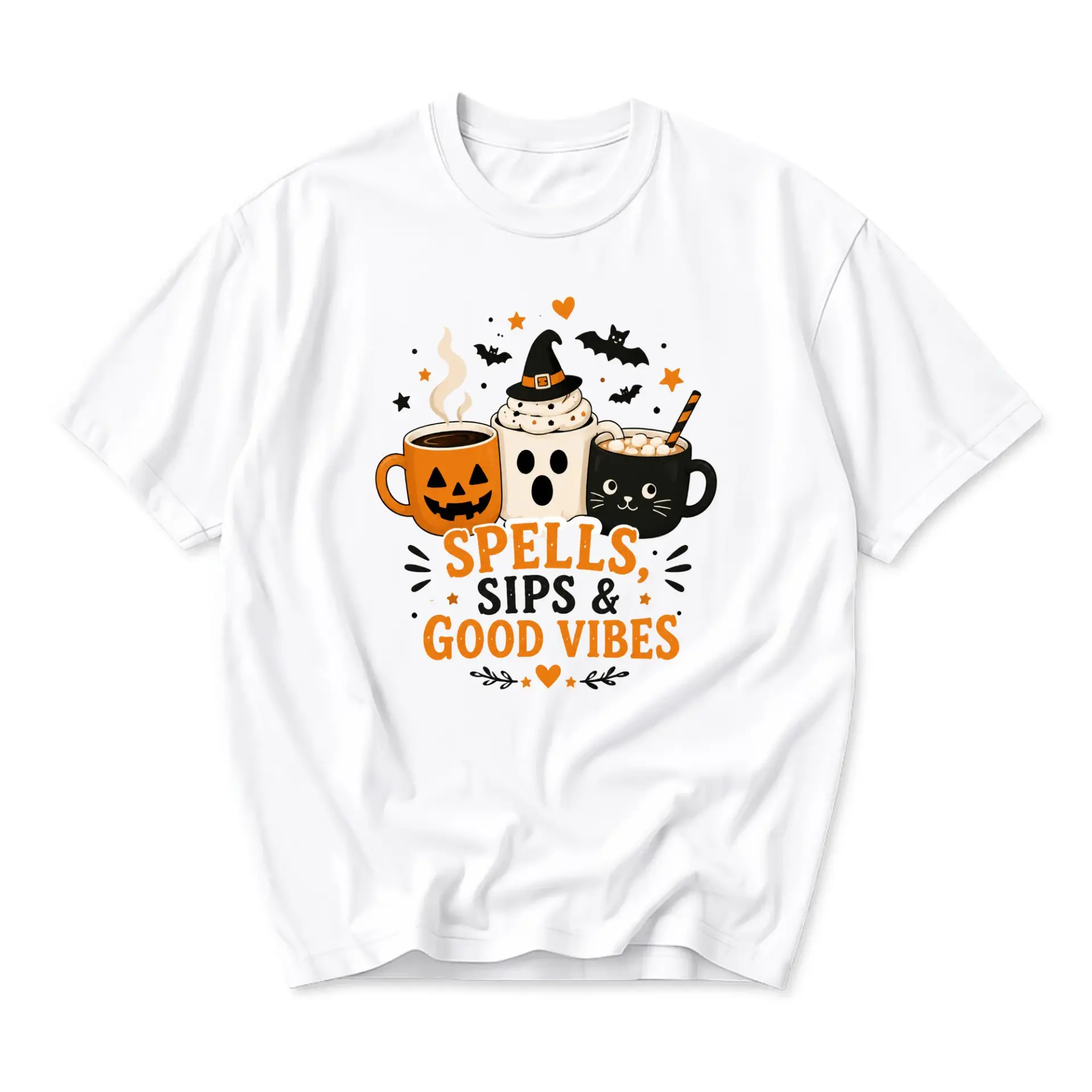 Funny Shirt Spells Sips and Good Vibes Halloween Coffee Graphic Tee Unisex Crew Neck Casual Everyday Wear Cotton Top