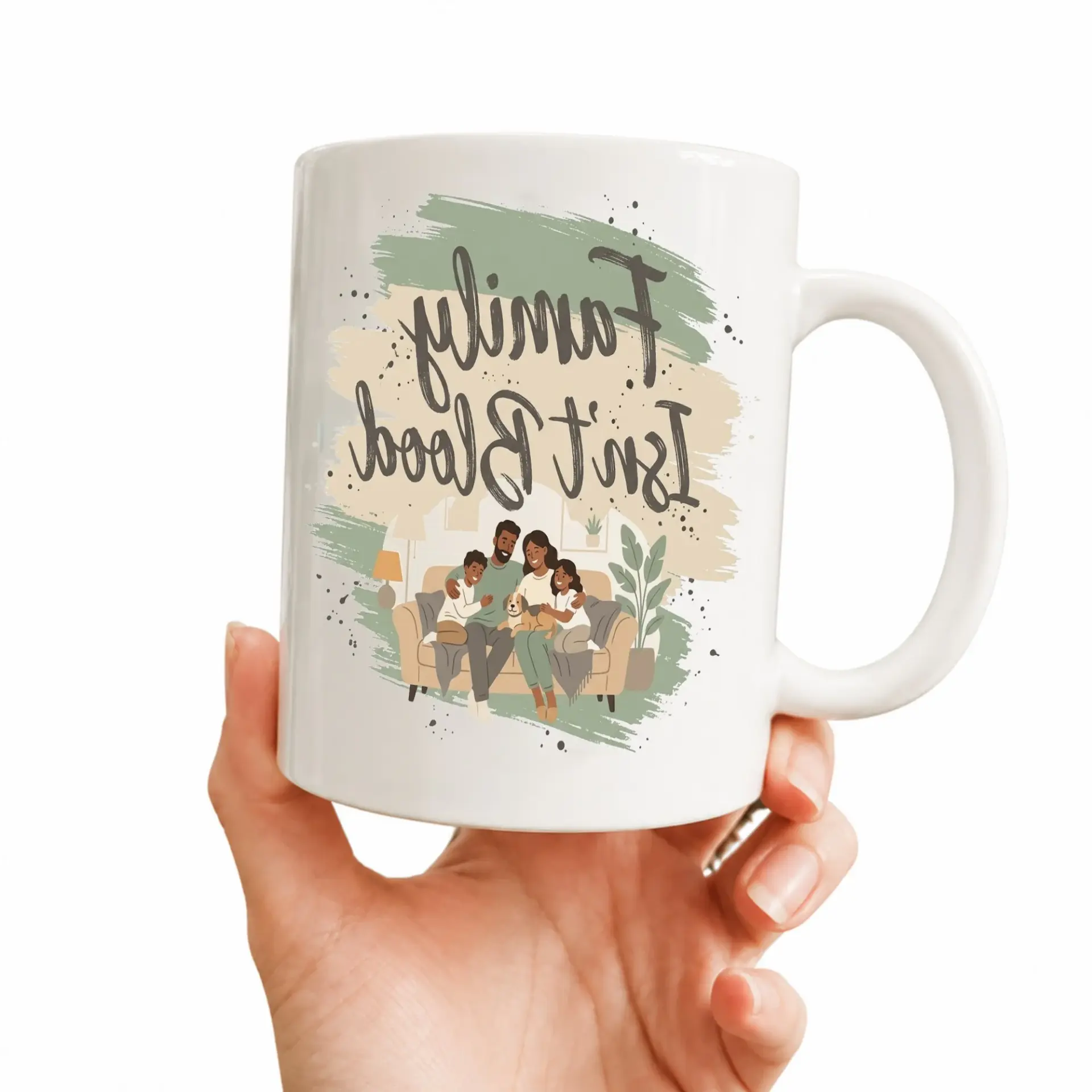 Inspirational Family Quote Ceramic Coffee Mug with Blue Handle and Graphic Art Print for Home Office Kitchen Drinkware