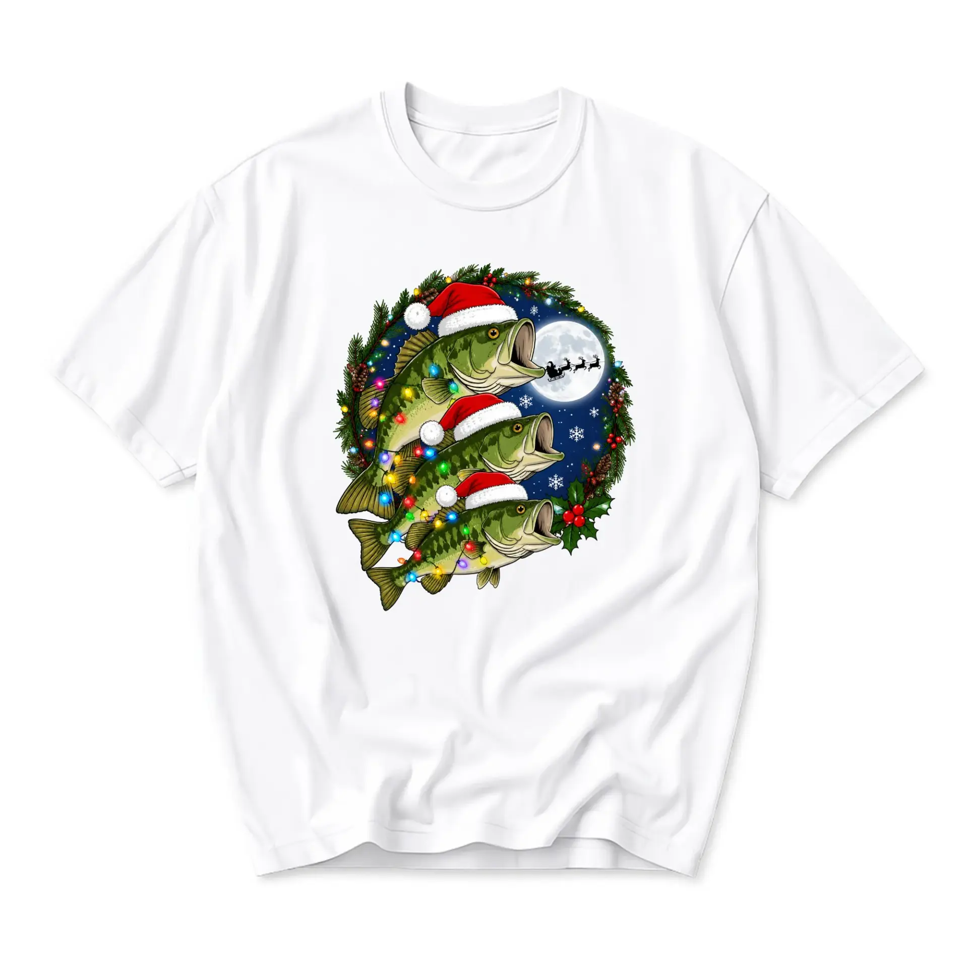 Funny Shirt Christmas Fishing Three Wearing Santa Hats Graphic Tee Seasonal Holiday Unisex Casual Crew Neck Top