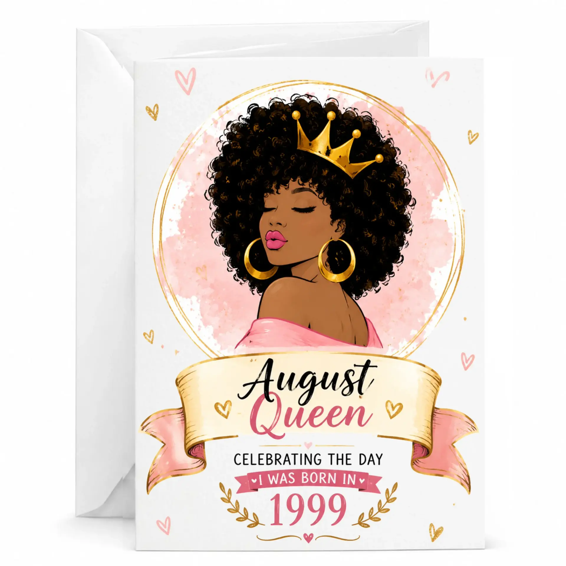 Greeting Card August Queen Birthday Card Featuring Black Woman with Crown Illustration for Birthday Celebration